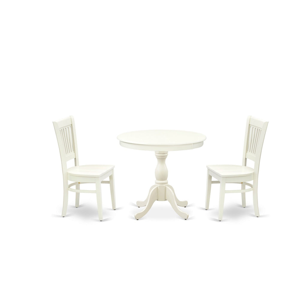 East West Furniture AMVA3-LWH-W 3 Piece Kitchen Table Set for Small Spaces Contains a Round Dining Room Table with Pedestal and 2 Dining Chairs, 36x36 Inch, Linen White