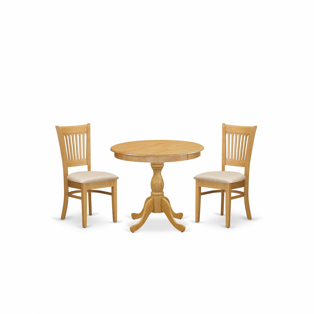 East West Furniture AMVA3-OAK-C 3 Piece Dining Room Table Set  Contains a Round Wooden Table with Pedestal and 2 Linen Fabric Kitchen Dining Chairs