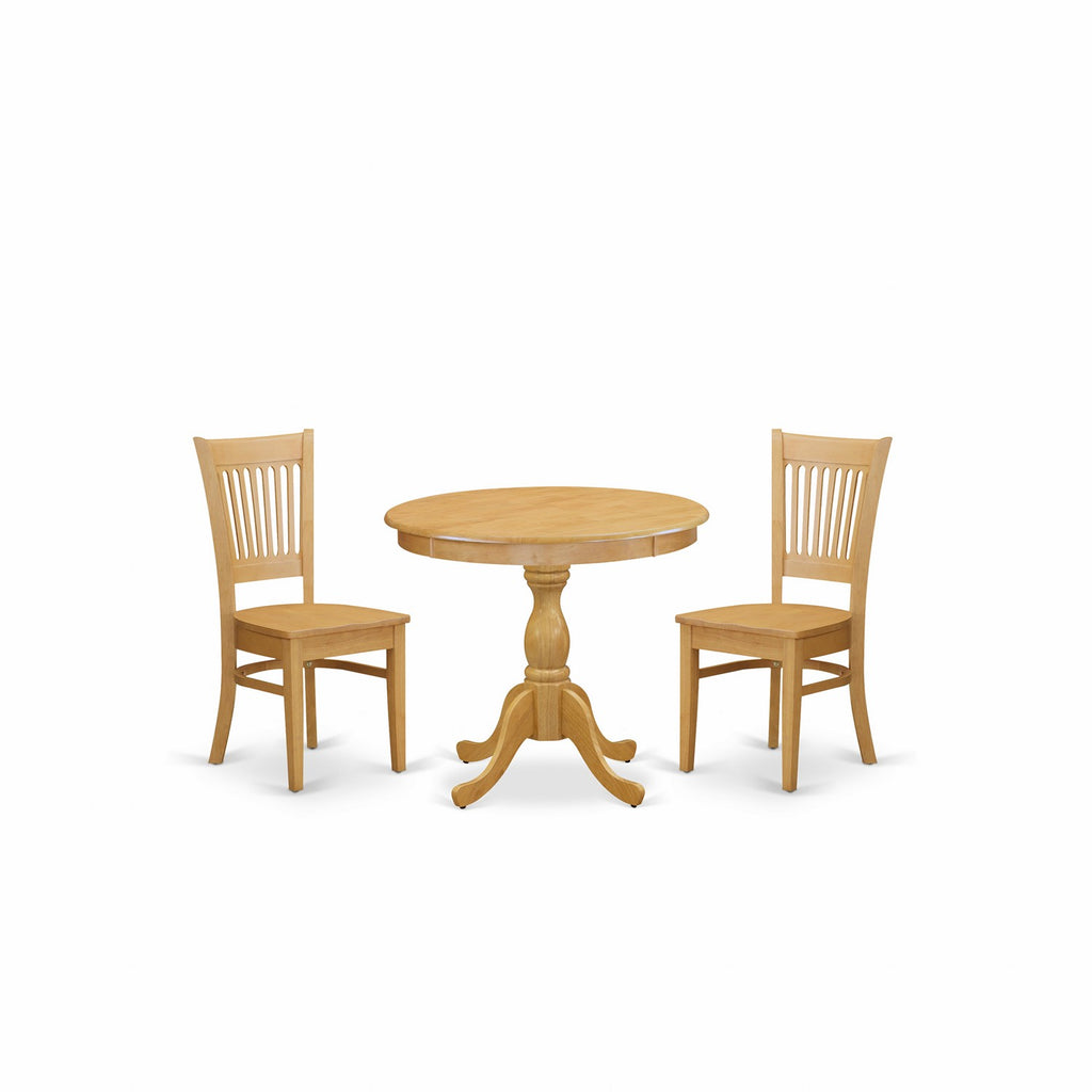 East West Furniture AMVA3-OAK-W 3 Piece Modern Dining Table Set Contains a Round Kitchen Table with Pedestal and 2 Dining Chairs, 36x36 Inch, Oak