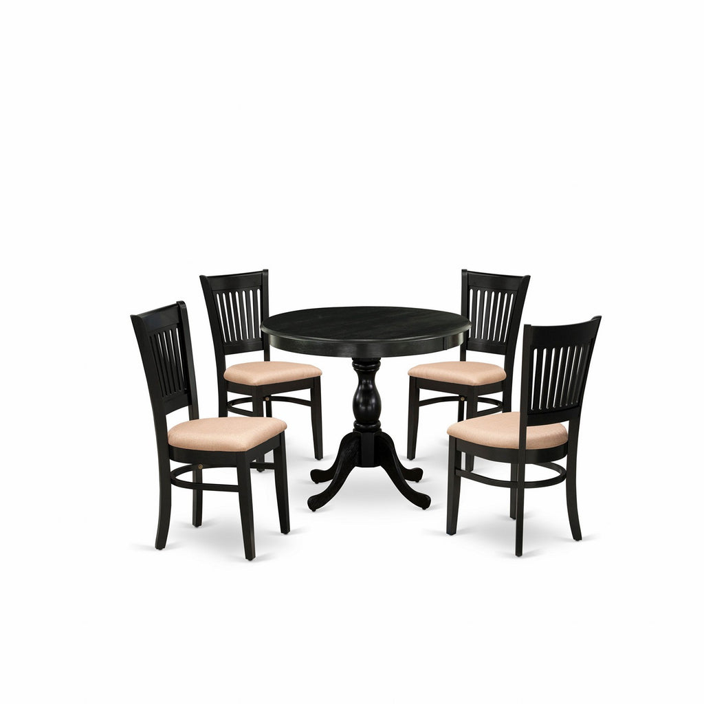 Juego de comedor de 5 piezas East West Furniture AMVA5-BLK-C. Incluye una mesa de cocina redonda con pedestal y 4 sillas de comedor tapizadas en tela de lino.