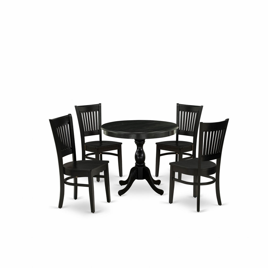 Juego de mesa de comedor moderna de 5 piezas East West Furniture AMVA5-BLK-W. Incluye una mesa de cocina redonda con pedestal y 4 sillas de comedor de cocina.