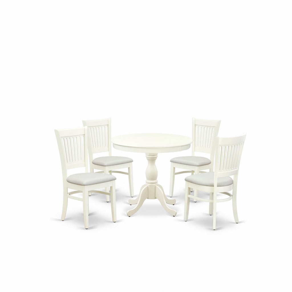 El juego de mesa de comedor moderno de 5 piezas East West Furniture AMVA5-LWH-C incluye una mesa de cocina redonda con pedestal y 4 sillas de comedor de tela de lino.
