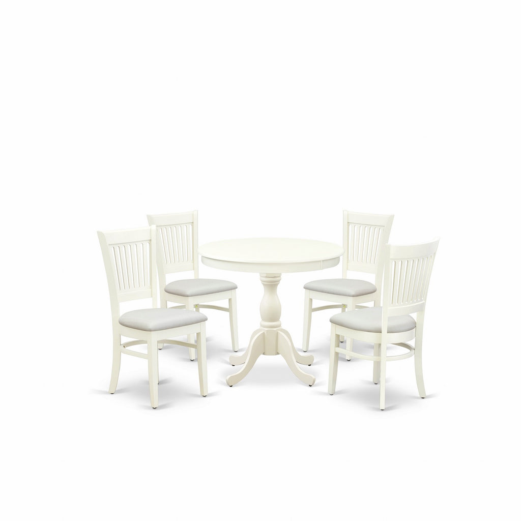 East West Furniture AMVA5-LWH-C 5 Piece Modern Dining Table Set Includes a Round Kitchen Table with Pedestal and 4 Linen Fabric Dining Room Chairs, 36x36 Inch, Linen White