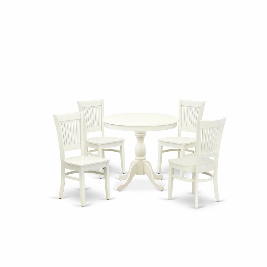 Juego de mesa y sillas de cocina de 5 piezas East West Furniture AMVA5-LWH-W. Incluye una mesa de comedor redonda con pedestal y 4 sillas de comedor.