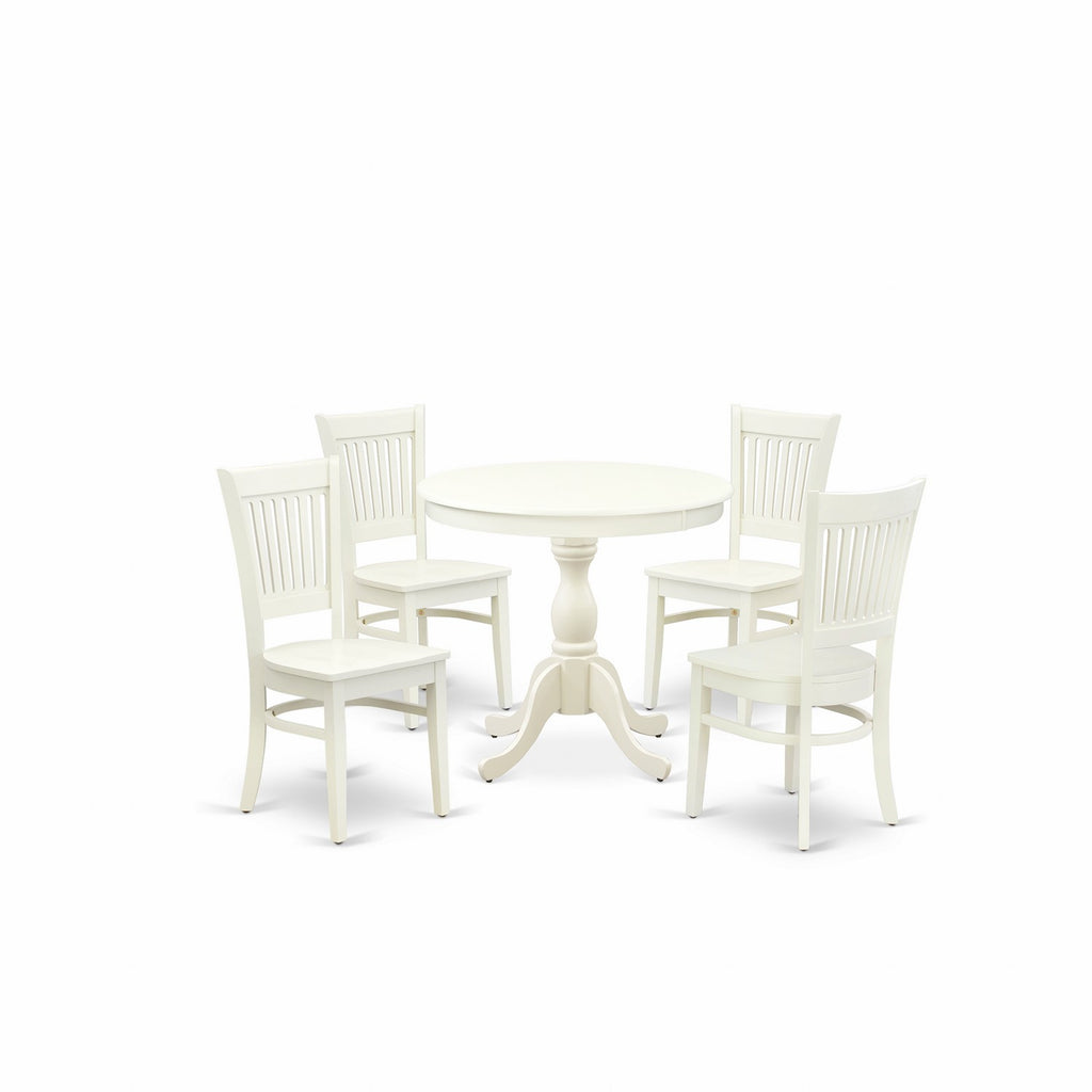 East West Furniture AMVA5-LWH-W 5 Piece Kitchen Table & Chairs Set Includes a Round Dining Room Table with Pedestal and 4 Dining Chairs, 36x36 Inch, Linen White