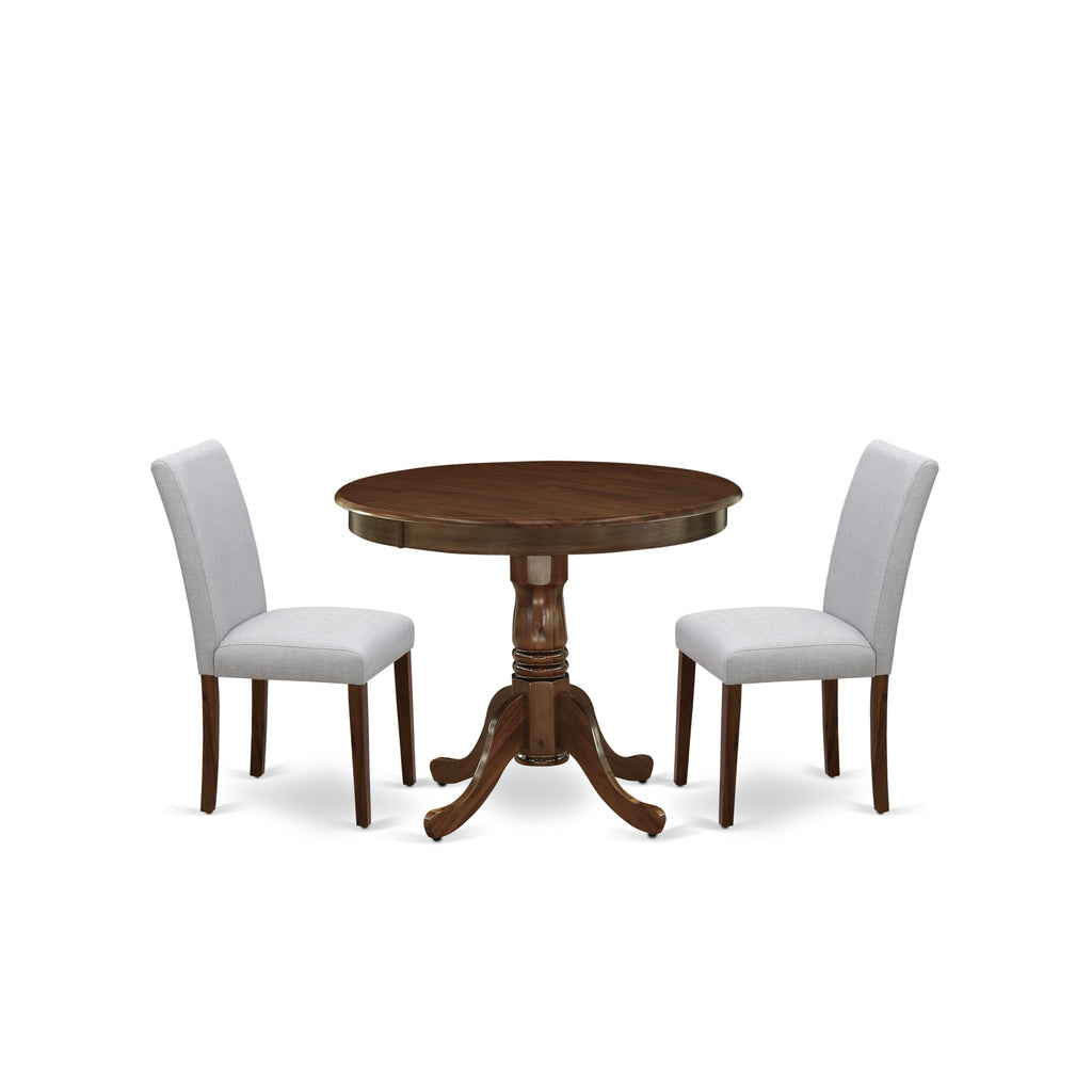 East West Furniture ANAB3-AWA-05 3 Piece Modern Dining Table Set Includes a Round Kitchen Table with Pedestal and 2 Parson Dining Chairs