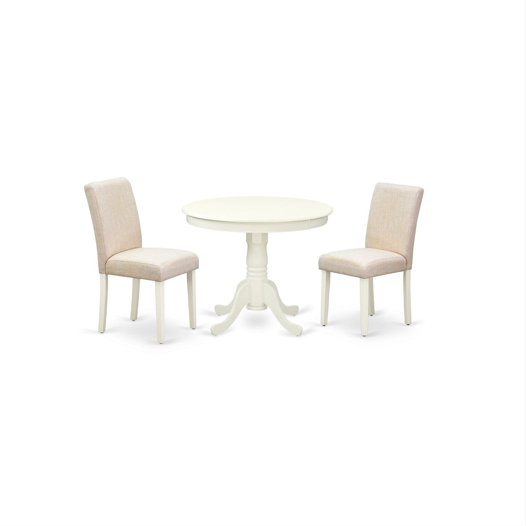 East West Furniture ANAB3-LWH-02 3 Piece Dinette Set for Small Spaces Contains a Round Kitchen Table with Pedestal and 2 Light Beige Linen Fabric Parson Chairs