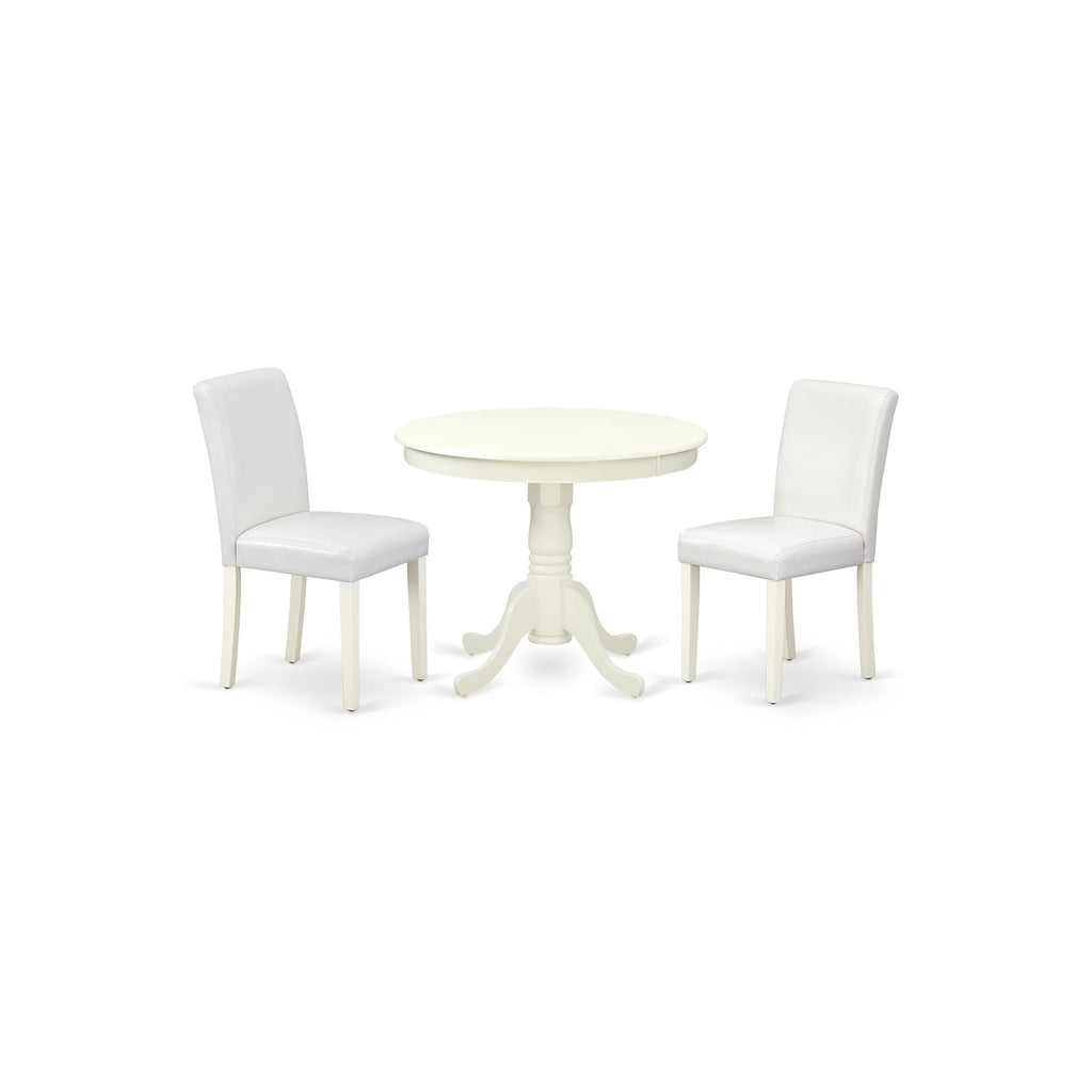 East West Furniture ANAB3-LWH-64 3 Piece Modern Dining Table Set Contains a Round Kitchen Table with Pedestal and 2 White Faux Leather Upholstered Chairs