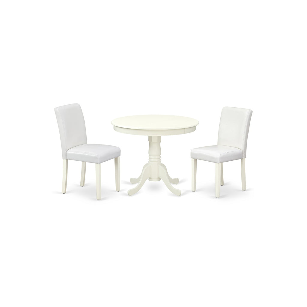 East West Furniture ANAB3-LWH-64 3 Piece Modern Dining Table Set Contains a Round Kitchen Table with Pedestal and 2 White Faux Leather Upholstered Chairs, 36x36 Inch, Linen White