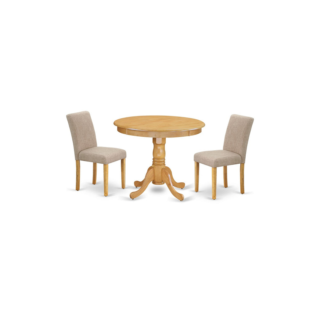 East West Furniture ANAB3-OAK-04 3 Piece Dinette Set for Small Spaces Contains a Round Dining Table with Pedestal and 2 Light Tan Linen Fabric Upholstered Chairs