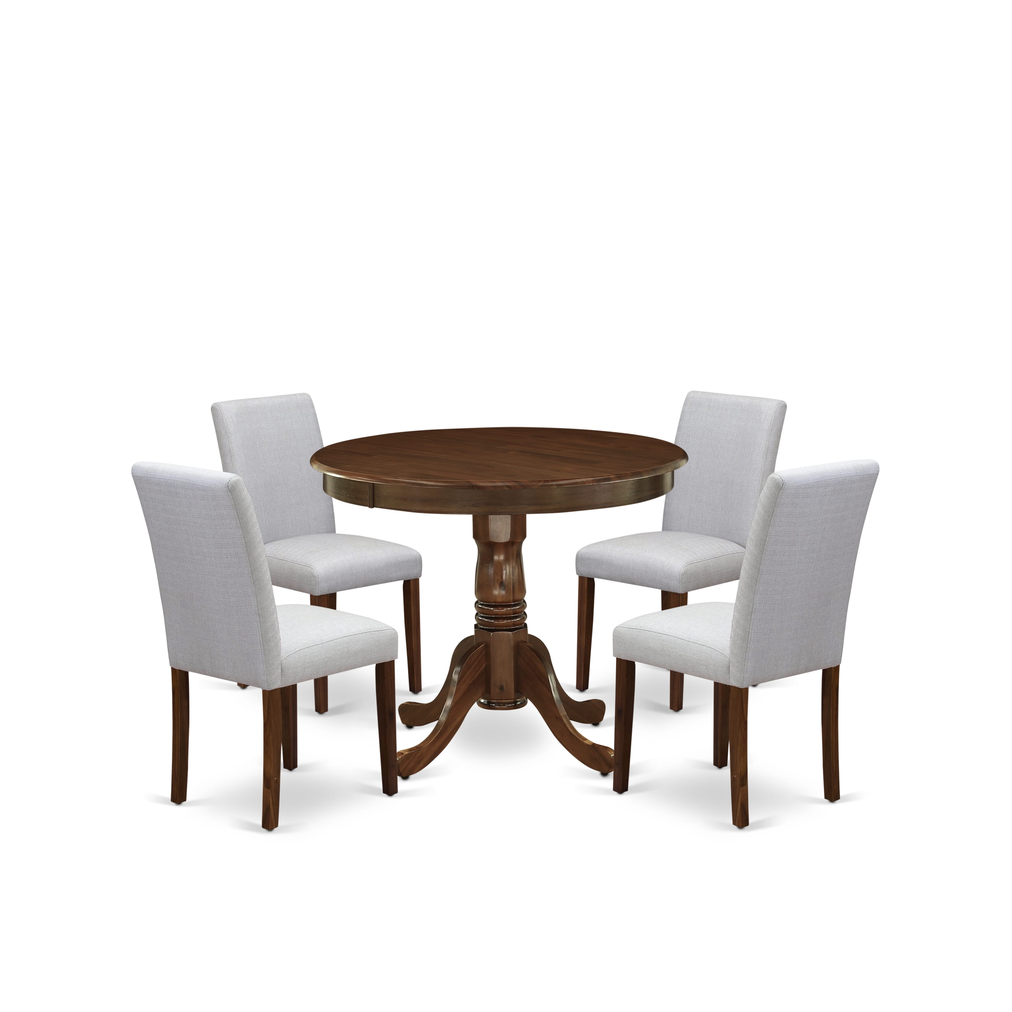 East West Furniture ANAB5-AWA-05 5 Piece Kitchen Table & Chairs Set Contains a Round Dining Room Table with Pedestal and 4 Upholstered Chairs, 36x36 Inch, Antique Walnut