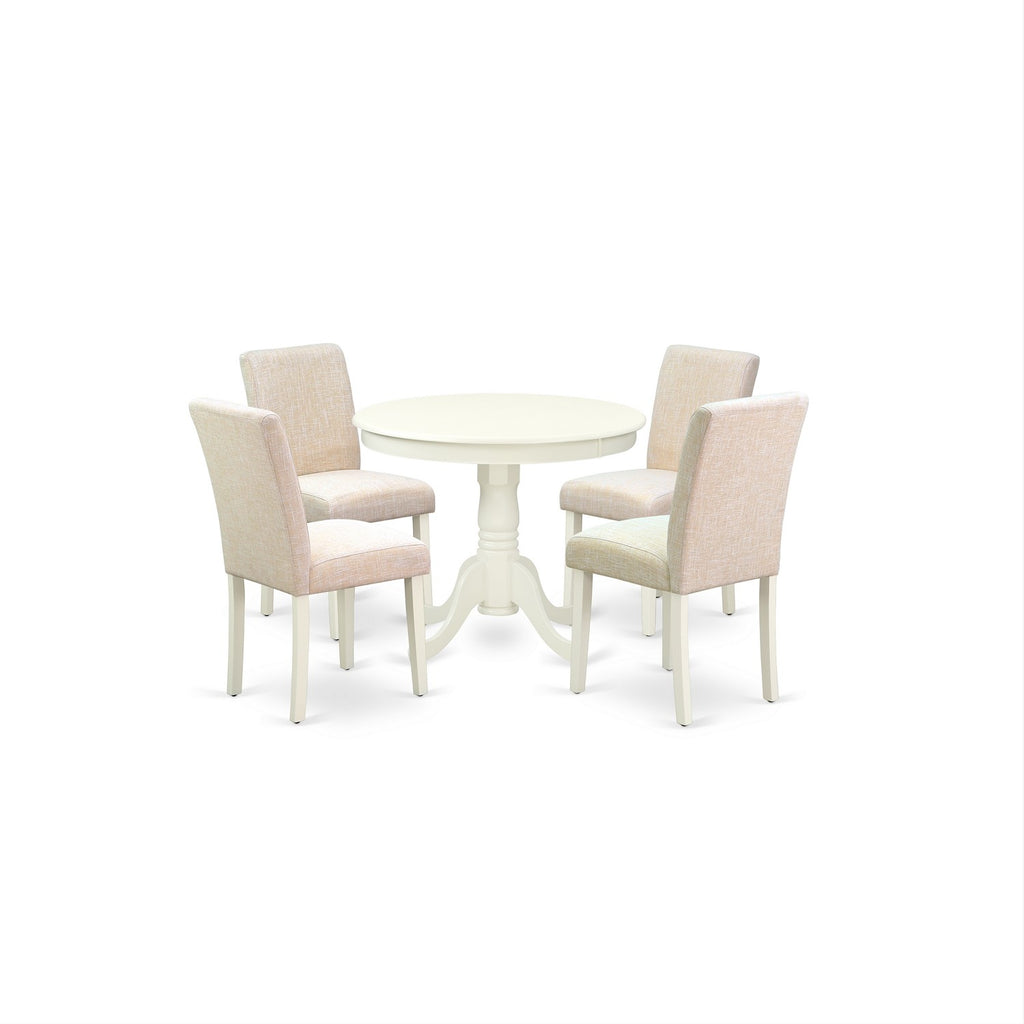 East West Furniture ANAB5-LWH-02 5 Piece Dining Table Set for 4 Includes a Round Kitchen Table with Pedestal and 4 Light Beige Linen Fabric Upholstered Chairs, 36x36 Inch, Linen White