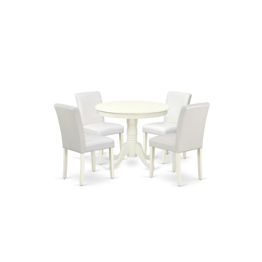 Juego de mesa de comedor de 5 piezas ANAB5-LWH-64 de East West Furniture. Incluye una mesa de cocina redonda con pedestal y 4 sillas Parson tapizadas en piel sintética blanca.