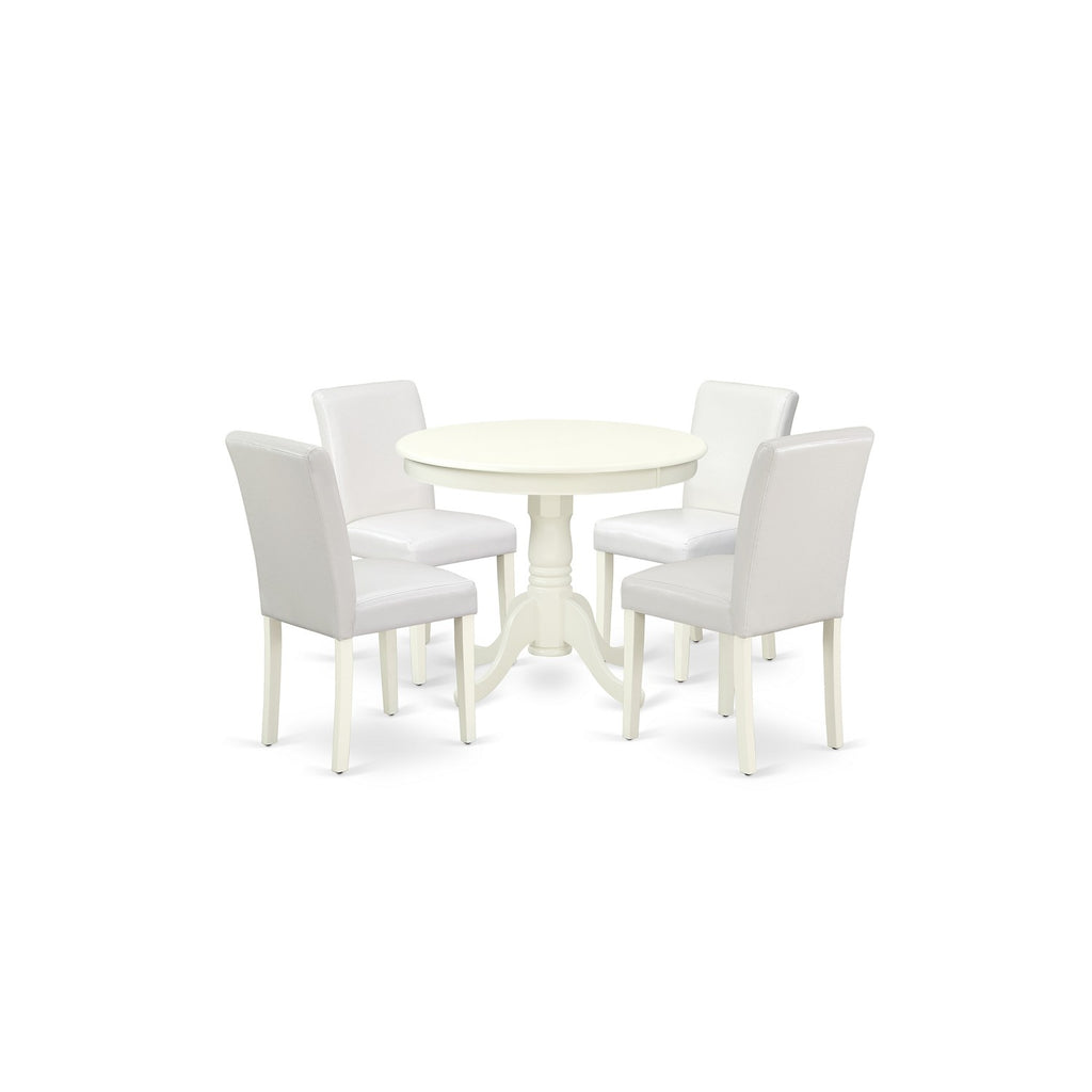 East West Furniture ANAB5-LWH-64 5 Piece Dining Room Table Set Includes a Round Kitchen Table with Pedestal and 4 White Faux Leather Upholstered Parson Chairs, 36x36 Inch, Linen White