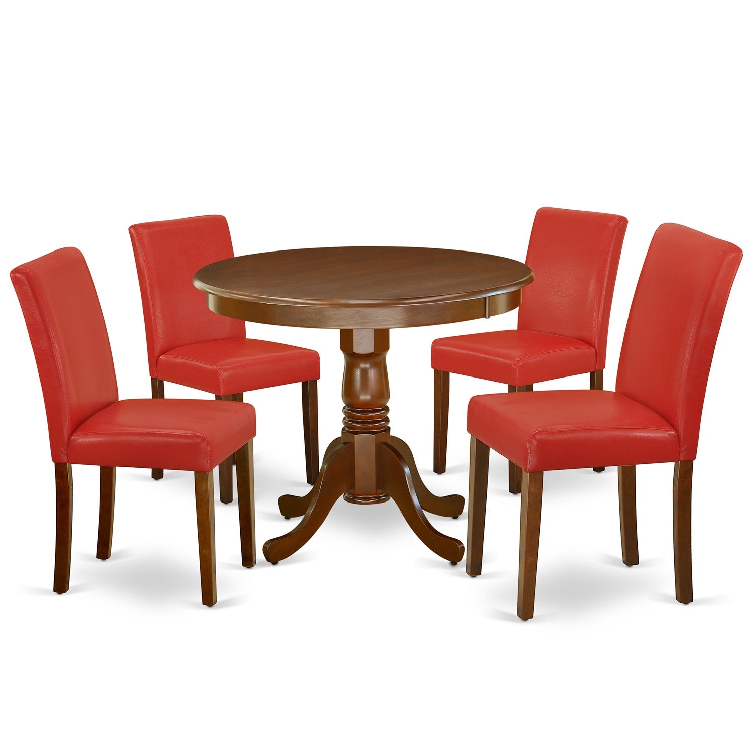 ANAB5-MAH-72 5Pc Round 36" Table And 4 Parson Chair With Mahogany Leg And Pu Leather Color Firebrick Red