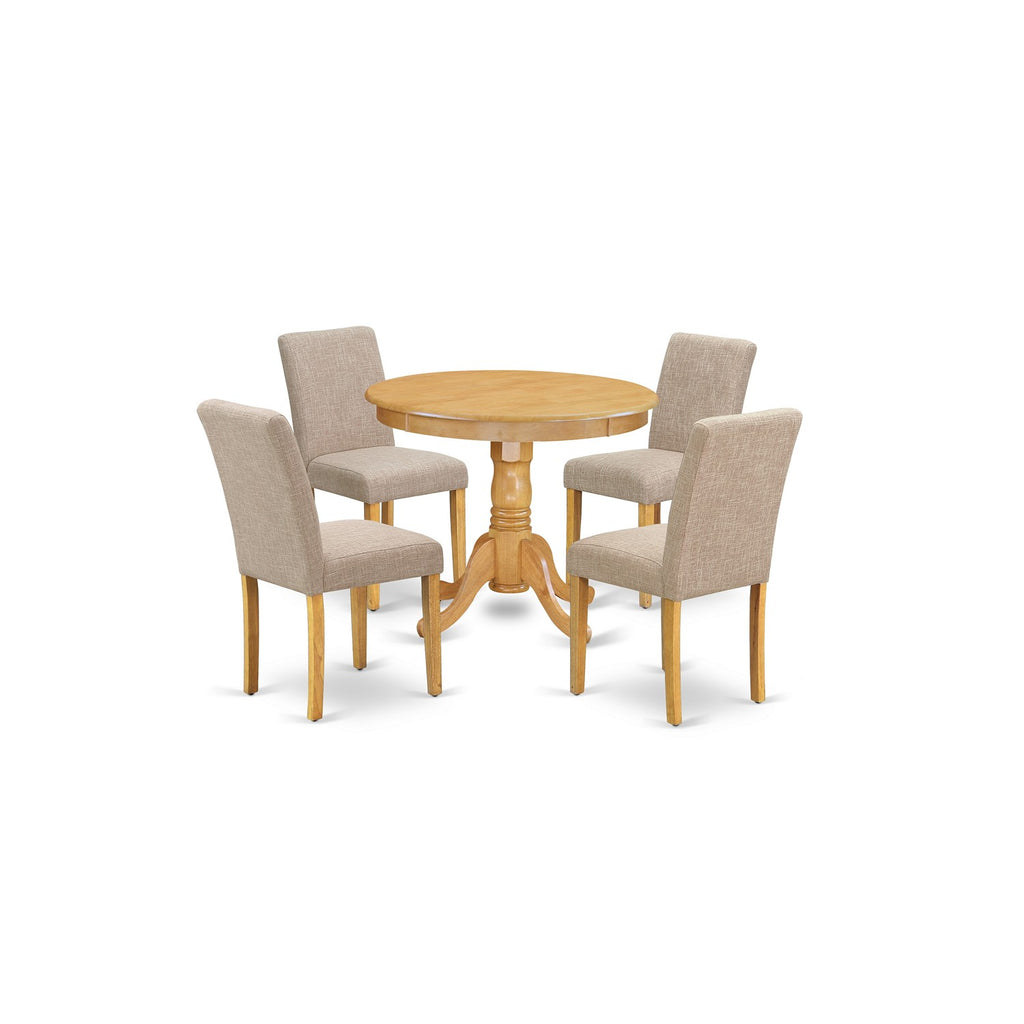 East West Furniture ANAB5-OAK-04 5 Piece Dining Table Set for 4 Includes a Round Kitchen Table with Pedestal and 4 Light Tan Linen Fabric Parson Dining Chairs, 36x36 Inch, Oak