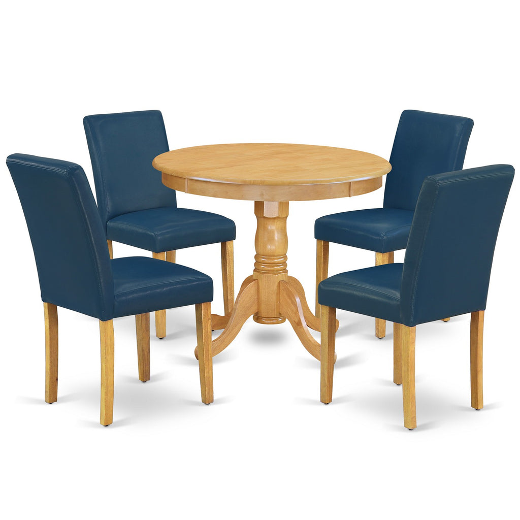 East West Furniture ANAB5-OAK-55 5 Piece Dining Room Table Set Includes a Round Kitchen Table with Pedestal and 4 Oasis Blue Faux Leather Upholstered Parson Chairs, 36x36 Inch, Oak