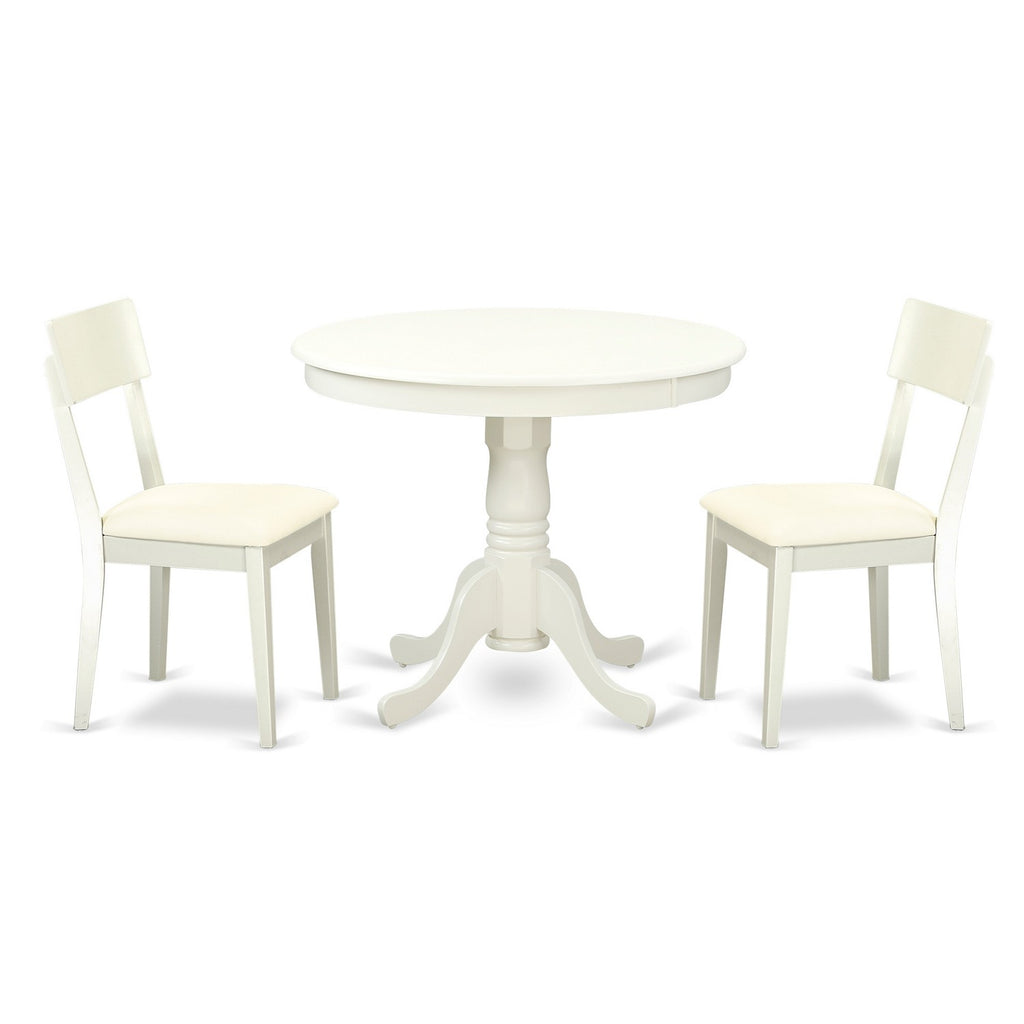 East West Furniture ANAD3-LWH-LC 3 Piece Kitchen Table & Chairs Set Contains a Round Dining Room Table with Pedestal and 2 Faux Leather Upholstered Dining Chairs