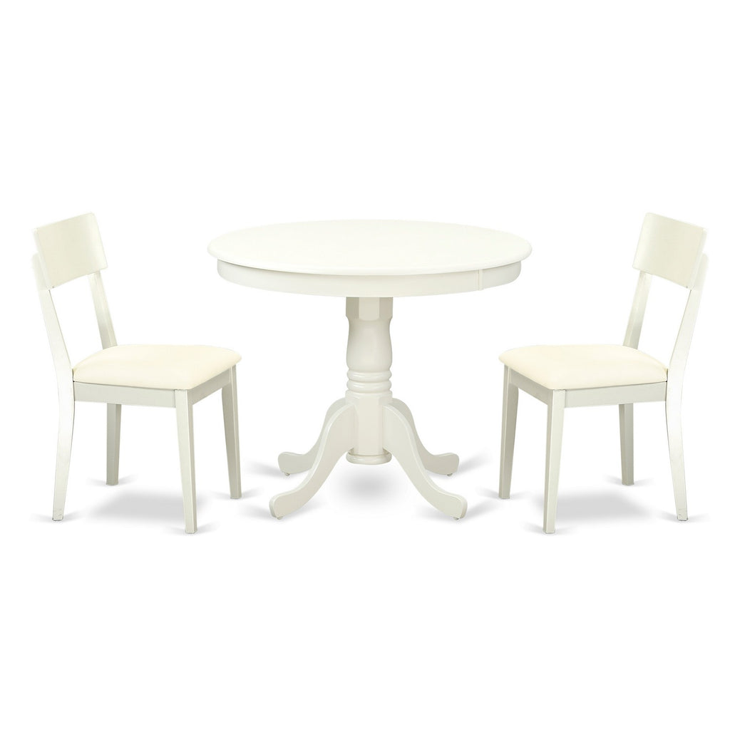 East West Furniture ANAD3-LWH-LC 3 Piece Kitchen Table & Chairs Set Contains a Round Dining Room Table with Pedestal and 2 Faux Leather Upholstered Dining Chairs, 36x36 Inch, Linen White