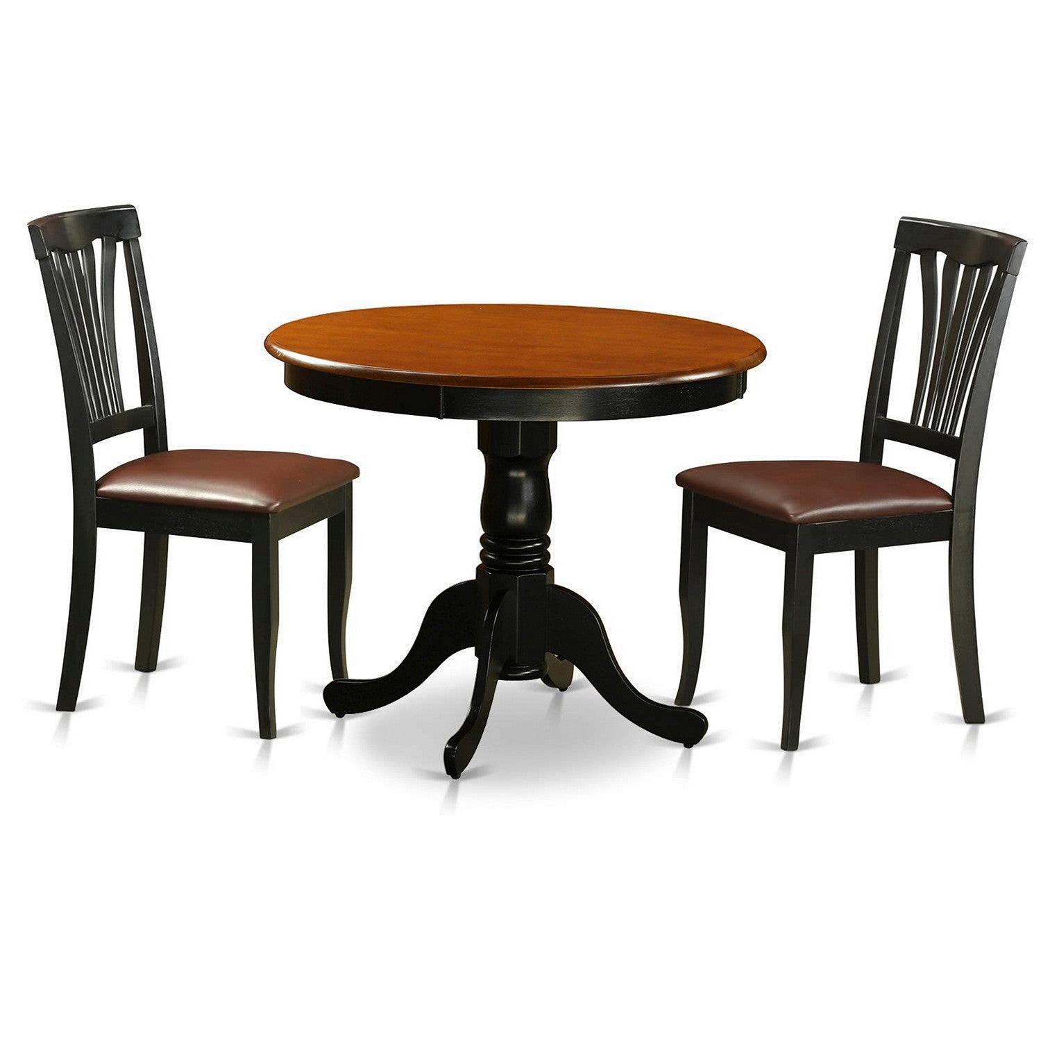 Juego de muebles de comedor de 3 piezas ANAV3-BLK-LC de East West Furniture. Contiene una mesa de cocina redonda con pedestal y 2 sillas de comedor tapizadas en piel sintética.