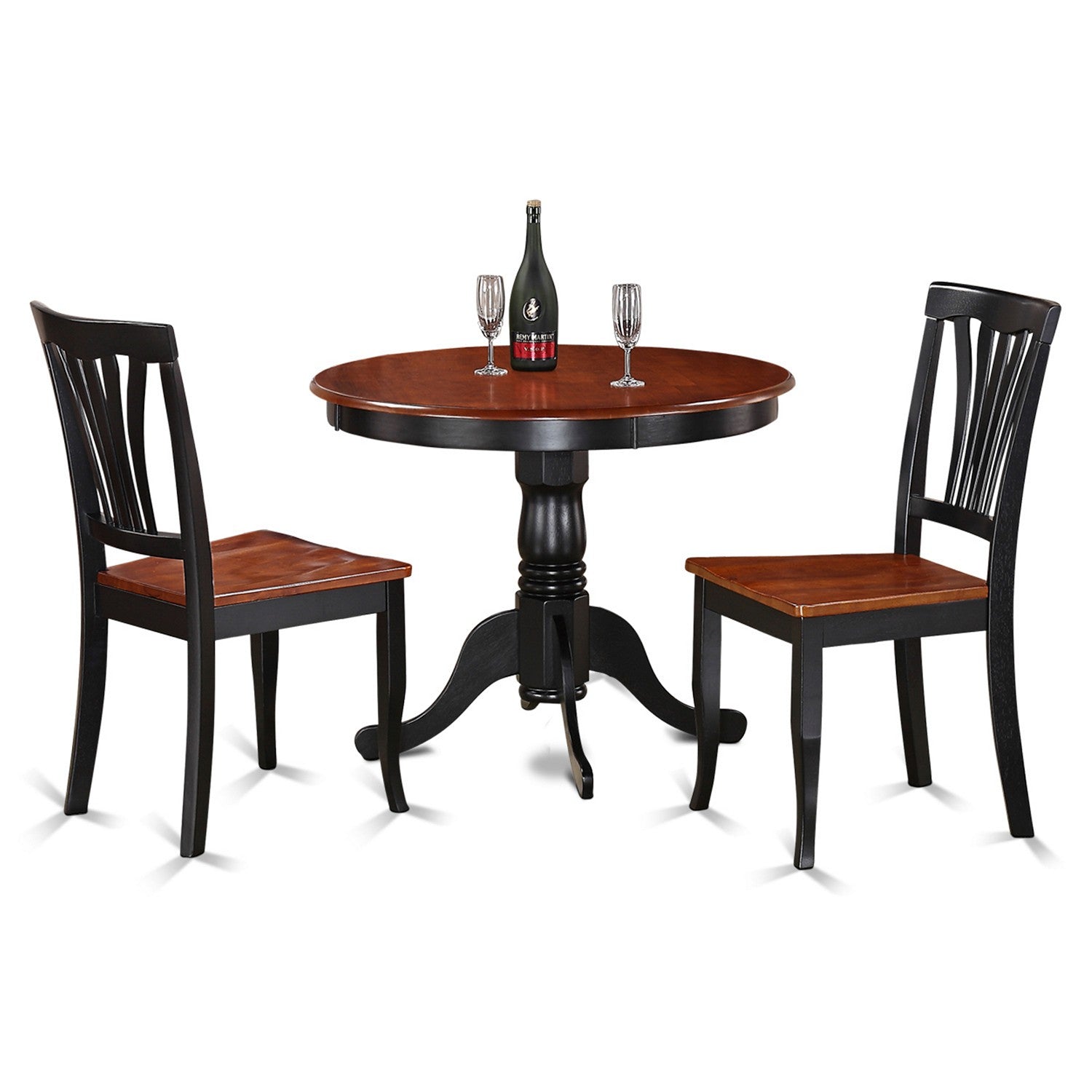 Juego de mesa de cocina de 3 piezas East West Furniture ANAV3-BLK-W para espacios pequeños. Contiene una mesa de comedor redonda con pedestal y 2 sillas de comedor.