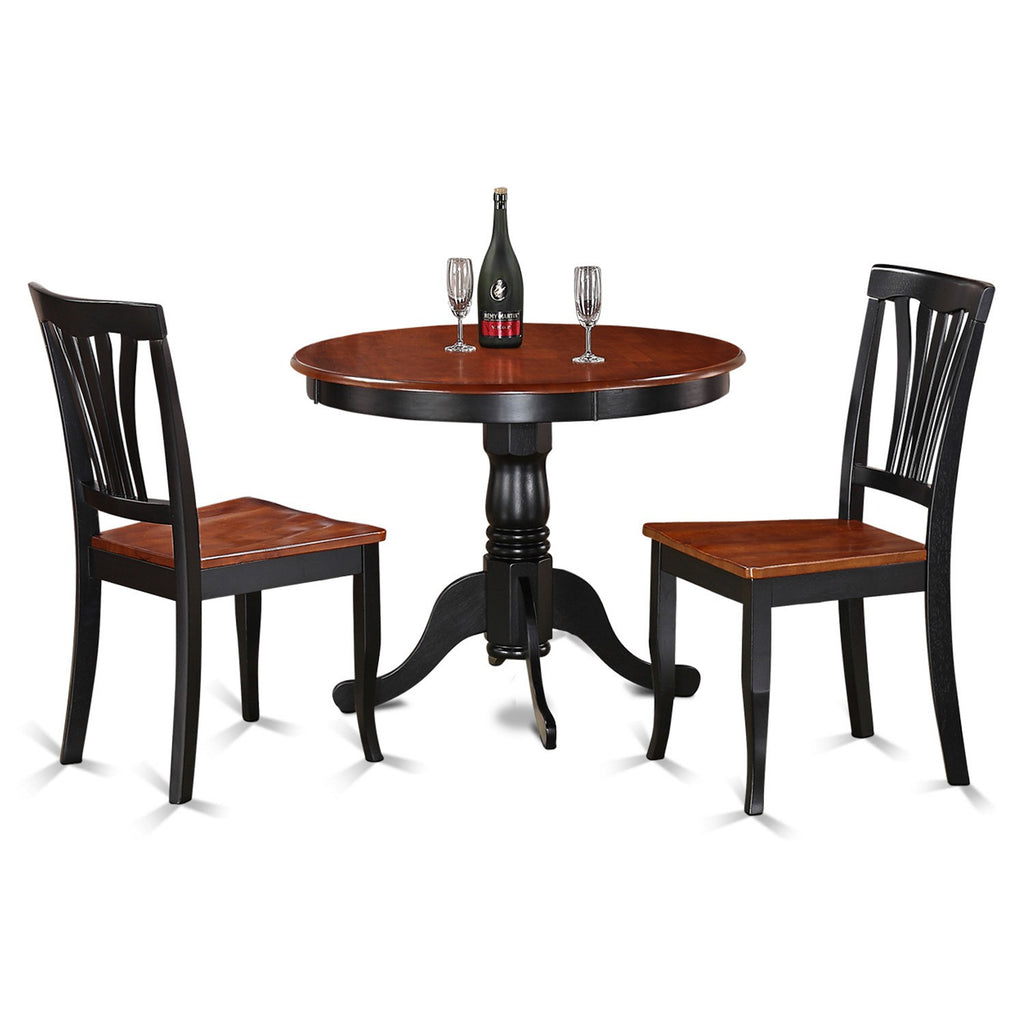 East West Furniture ANAV3-BLK-W 3 Piece Kitchen Table Set for Small Spaces Contains a Round Dining Table with Pedestal and 2 Dining Room Chairs
