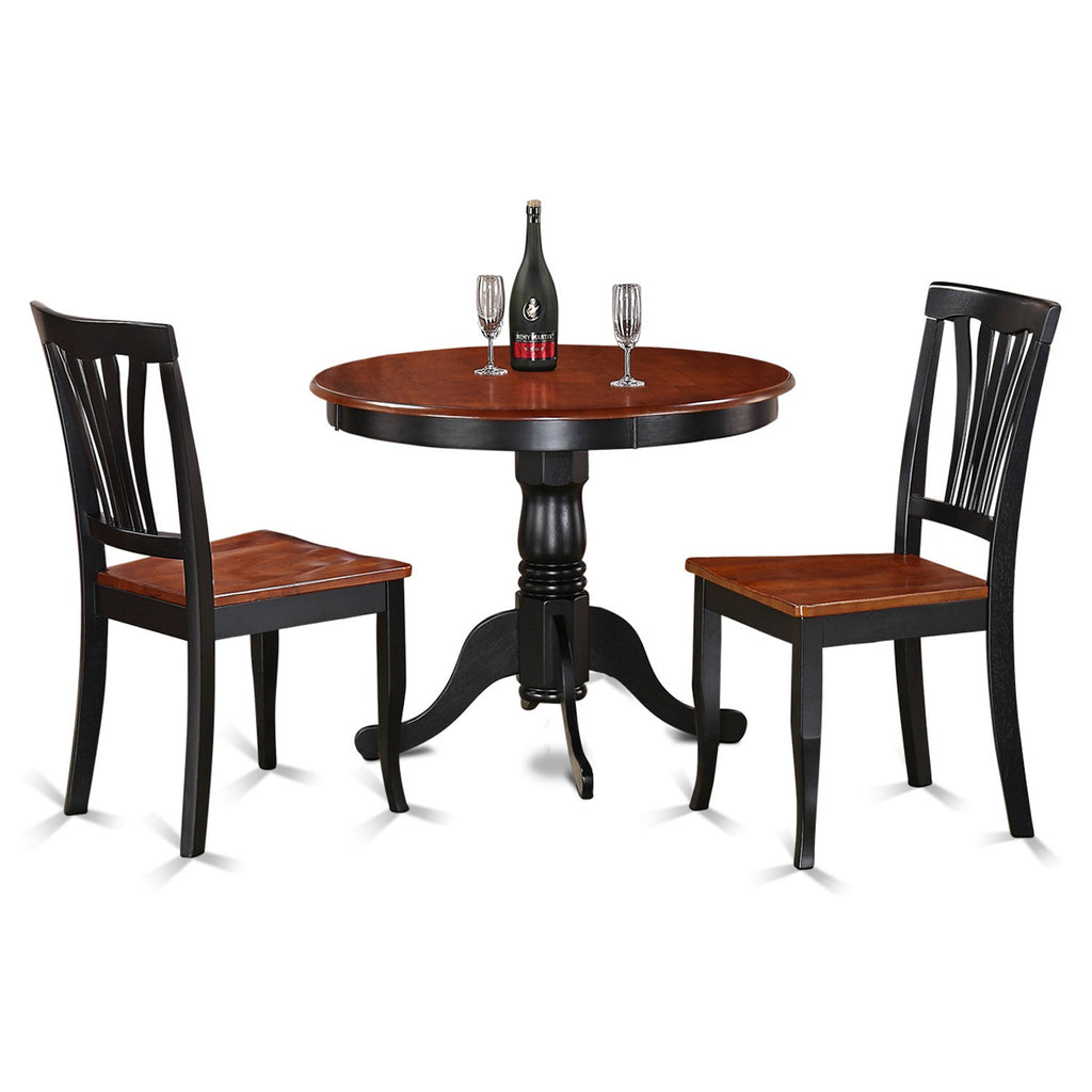 East West Furniture ANAV3-BLK-W 3 Piece Kitchen Table Set for Small Spaces Contains a Round Dining Table with Pedestal and 2 Dining Room Chairs, 36x36 Inch, Black & Cherry