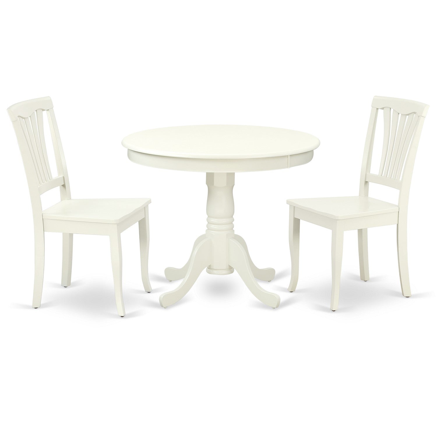 Juego de mesa de comedor de 3 piezas East West Furniture ANAV3-LWH-W para espacios pequeños. Contiene una mesa de cocina redonda con pedestal y 2 sillas de comedor de cocina.