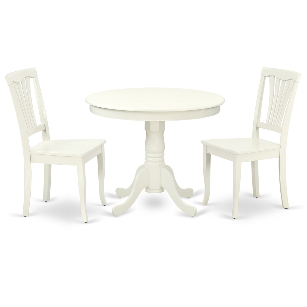 East West Furniture ANAV3-LWH-W 3 Piece Dining Table Set for Small Spaces Contains a Round Kitchen Table with Pedestal and 2 Kitchen Dining Chairs, 36x36 Inch, Linen White