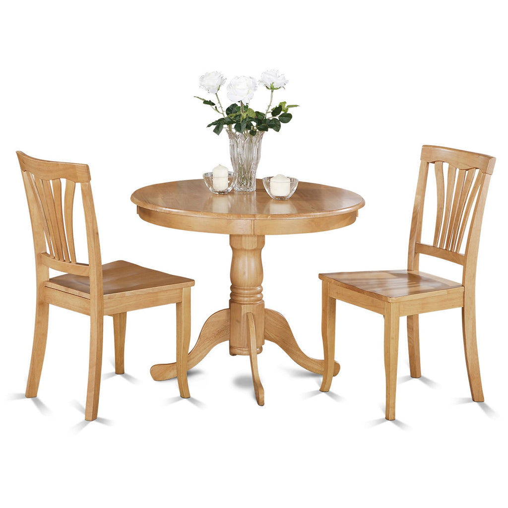 East West Furniture ANAV3-OAK-W 3 Piece Modern Dining Table Set Contains a Round Kitchen Table with Pedestal and 2 Dining Chairs