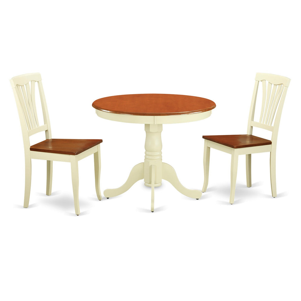 East West Furniture ANAV3-WHI-W 3 Piece Dinette Set for Small Spaces Contains a Round Dining Room Table with Pedestal and 2 Kitchen Dining Chairs, 36x36 Inch, Buttermilk & Cherry