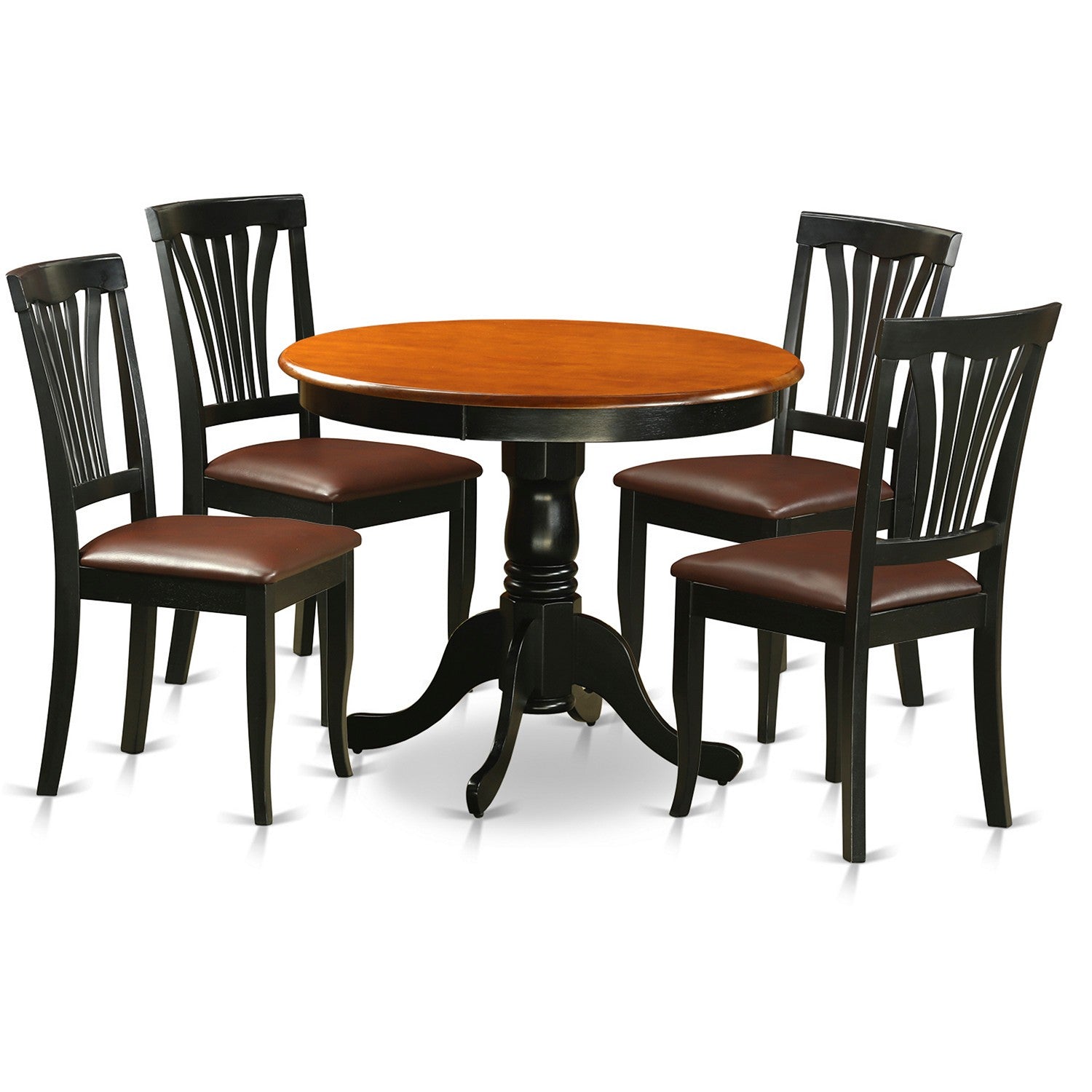 Juego de comedor de 5 piezas para 4 personas ANAV5-BLK-LC de East West Furniture. Incluye una mesa de cocina redonda con pedestal y 4 sillas de comedor de piel sintética.