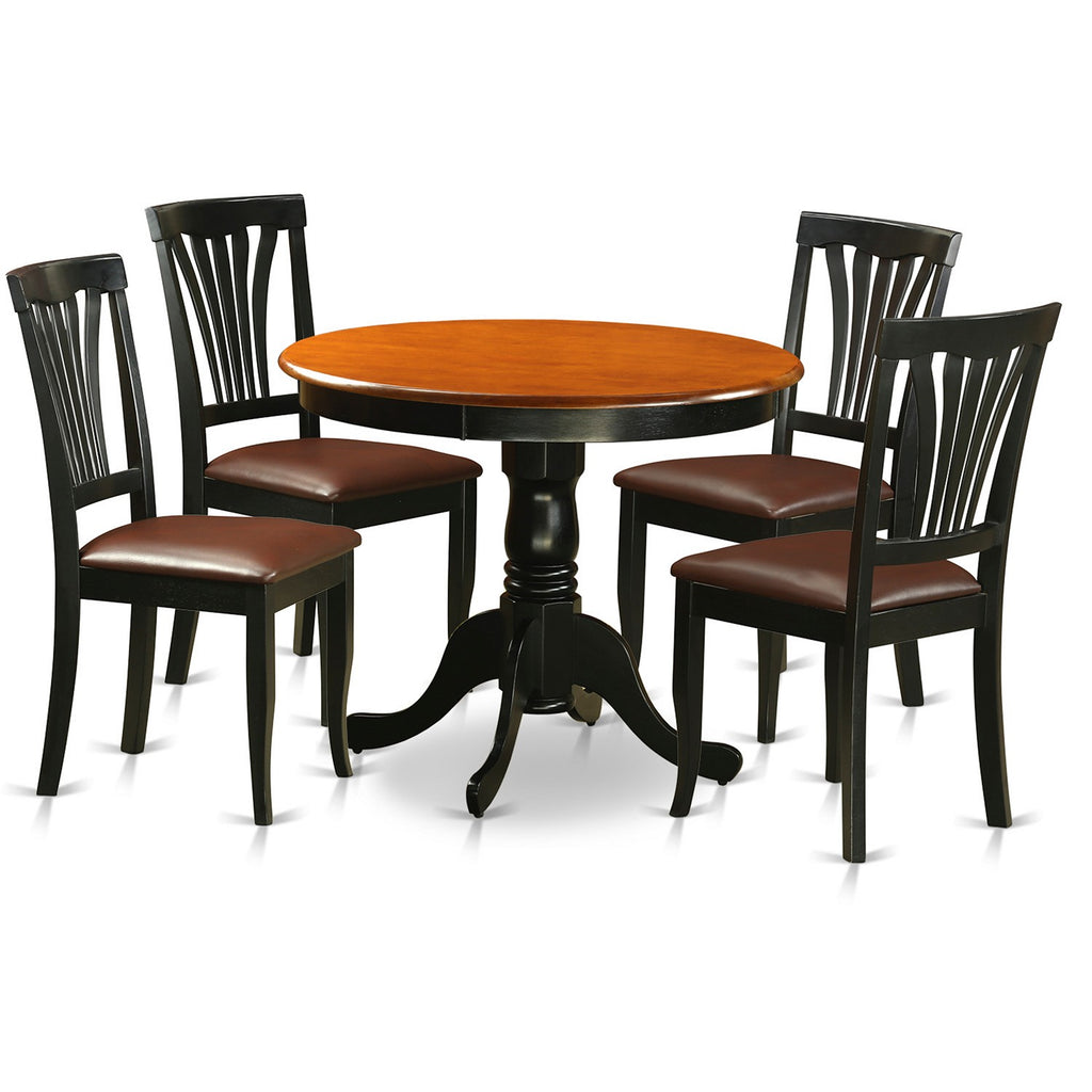 East West Furniture ANAV5-BLK-LC 5 Piece Dinette Set for 4 Includes a Round Kitchen Table with Pedestal and 4 Faux Leather Dining Room Chairs
