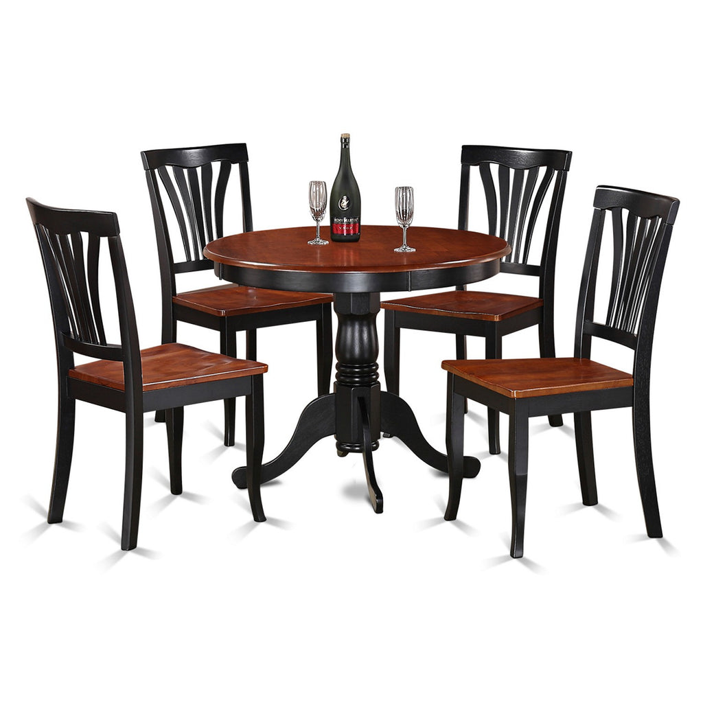 Juego de mesa de cocina de 5 piezas East West Furniture ANAV5-BLK-W para 4 personas. Incluye una mesa de comedor redonda con pedestal y 4 sillas de comedor.