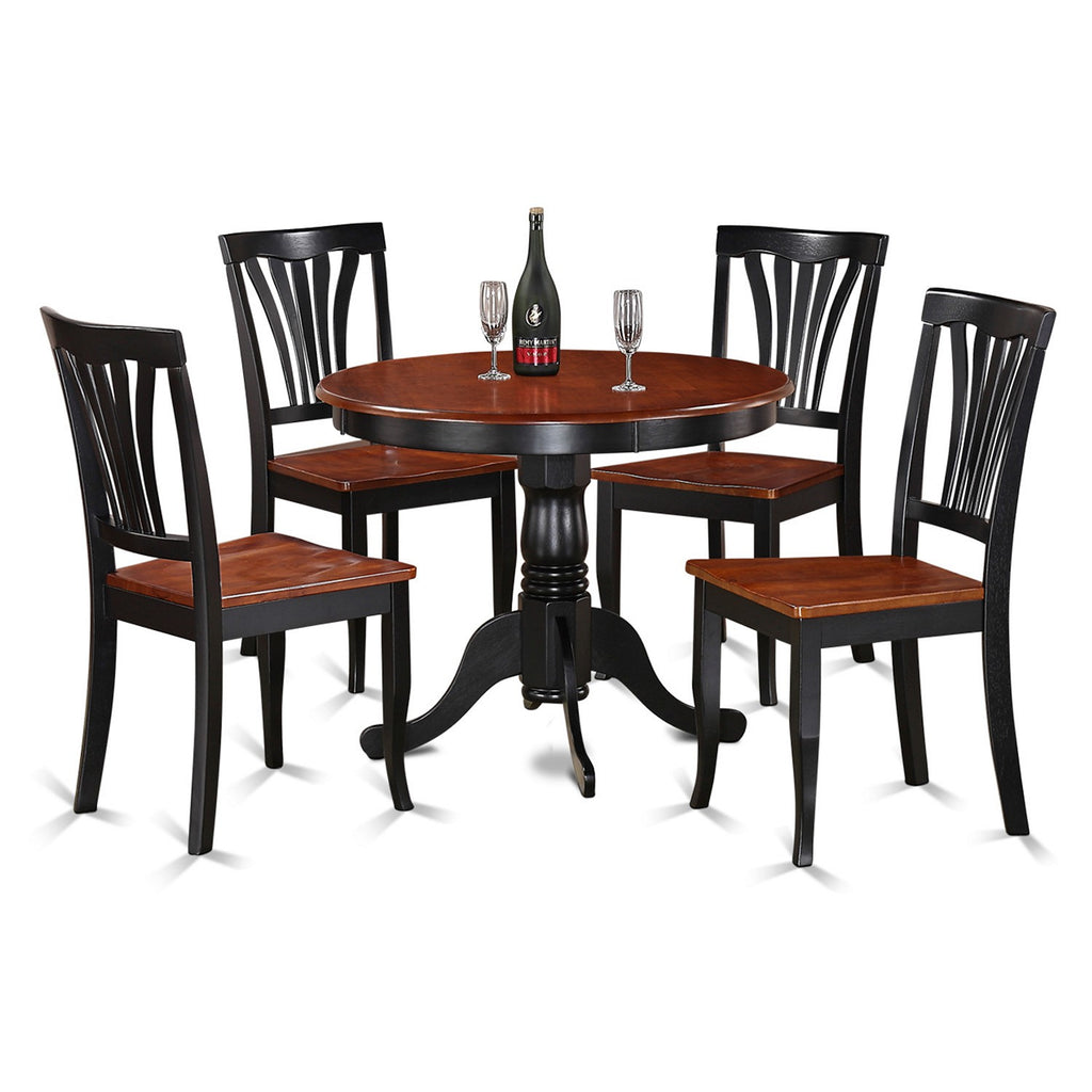 East West Furniture ANAV5-BLK-W 5 Piece Kitchen Table Set for 4 Includes a Round Dining Room Table with Pedestal and 4 Dining Chairs, 36x36 Inch, Black & Cherry