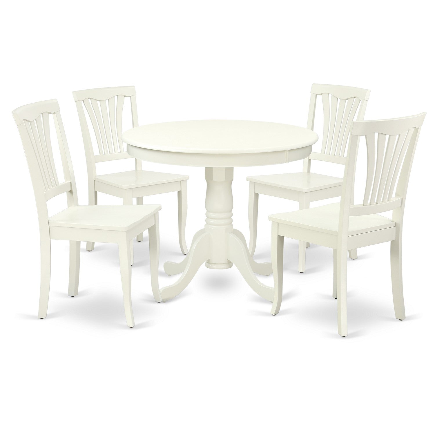 Juego de mesa de comedor de 5 piezas East West Furniture ANAV5-LWH-W Incluye una mesa de cocina redonda con pedestal y 4 sillas de comedor