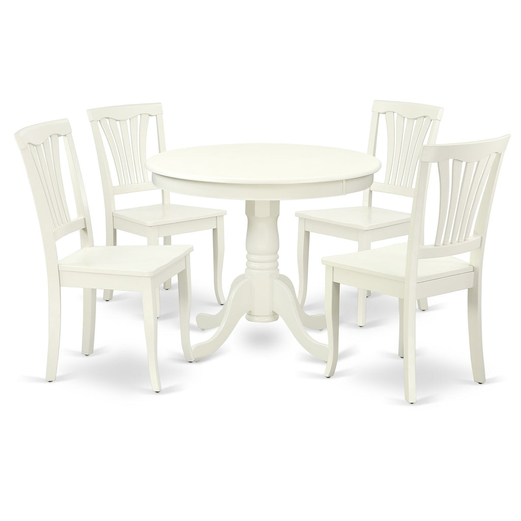 Juego de mesa de comedor de 5 piezas East West Furniture ANAV5-LWH-W Incluye una mesa de cocina redonda con pedestal y 4 sillas de comedor