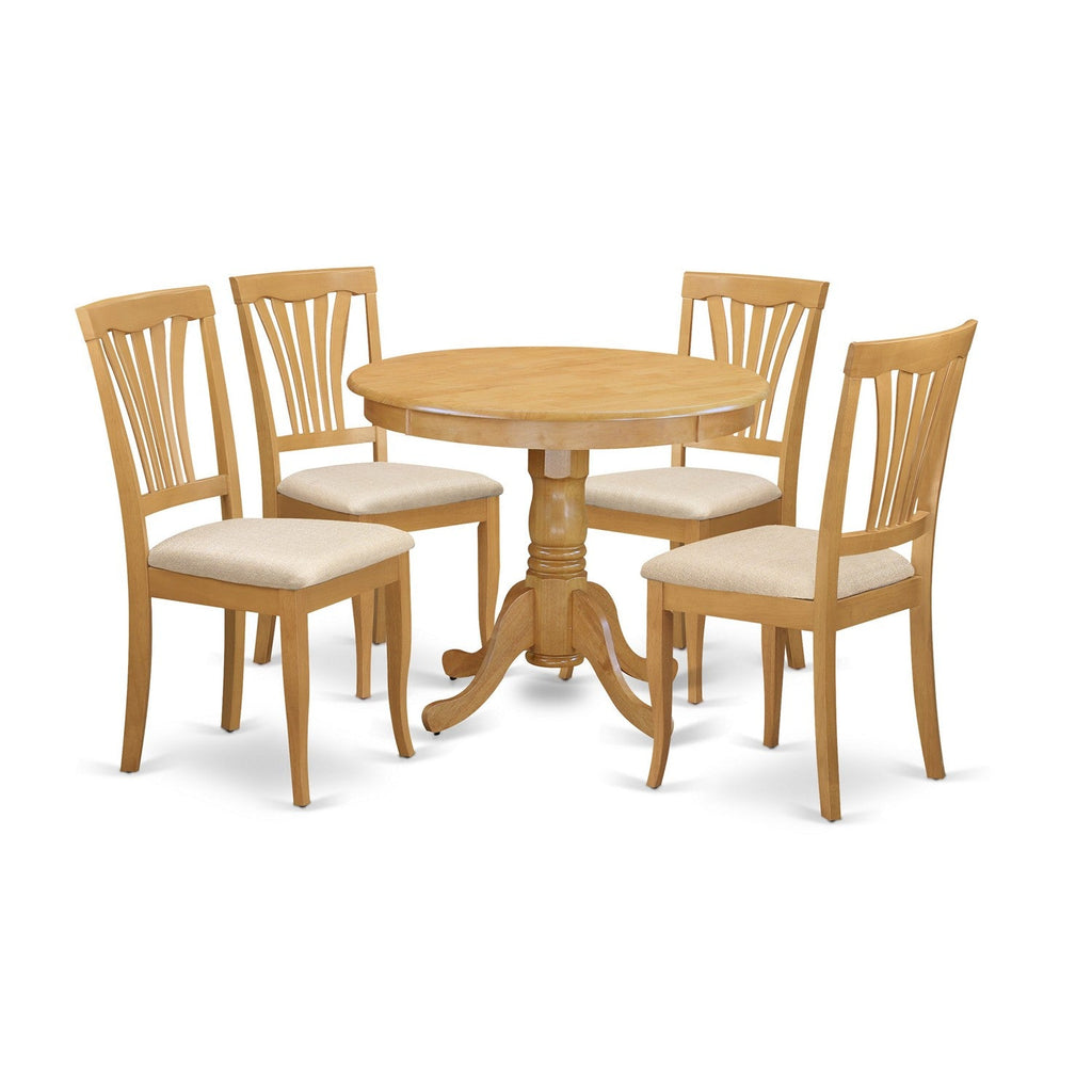 Juego de mesa de cocina de 5 piezas East West Furniture ANAV5-OAK-C para 4 personas. Incluye una mesa de comedor redonda con pedestal y 4 sillas de comedor de tela de lino.