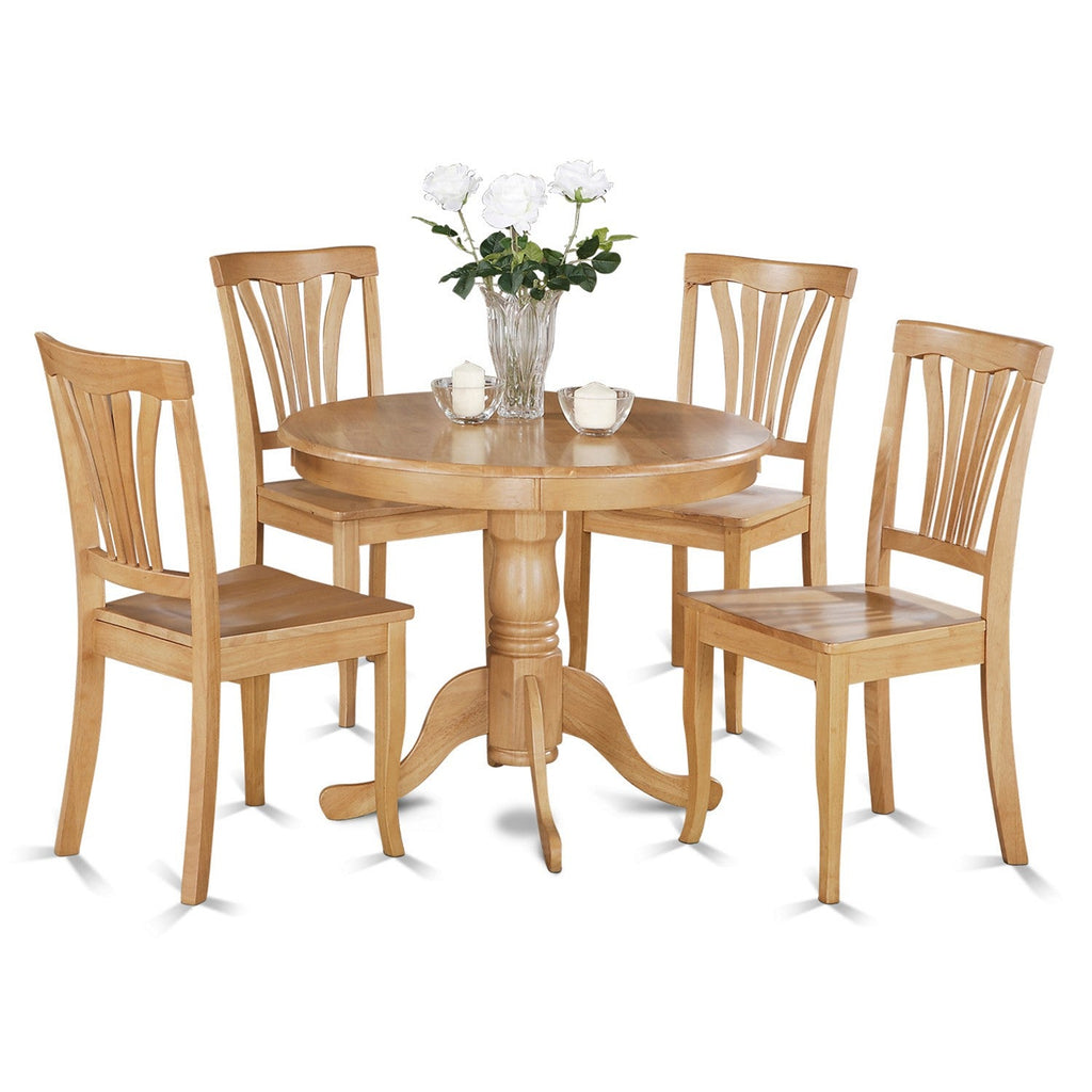 Juego de mesa de comedor de 5 piezas ANAV5-OAK-W de East West Furniture. Incluye una mesa de cocina redonda con pedestal y 4 sillas de comedor.