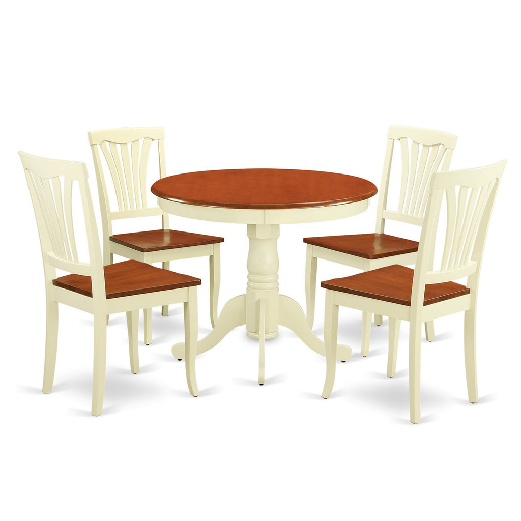 Juego de muebles de comedor de 5 piezas East West Furniture ANAV5-WHI-W Incluye una mesa de cocina redonda con pedestal y 4 sillas de comedor