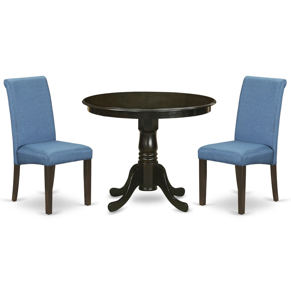 East West Furniture ANBA3-CAP-21 3 Piece Dining Set Contains a Round Kitchen Table with Pedestal and 2 Blue Color Linen Fabric Upholstered Parson Chairs, 36x36 Inch, Cappuccino