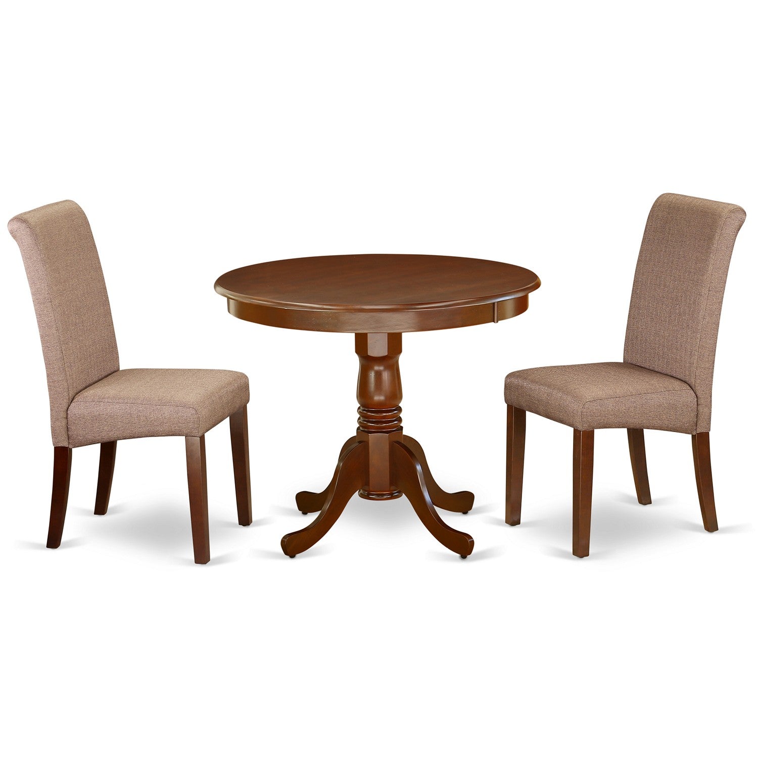 East West Furniture ANBA3-MAH-18 3 Piece Dinette Set for Small Spaces Contains a Round Kitchen Table with Pedestal and 2 Brown Linen Linen Fabric Parsons Chairs