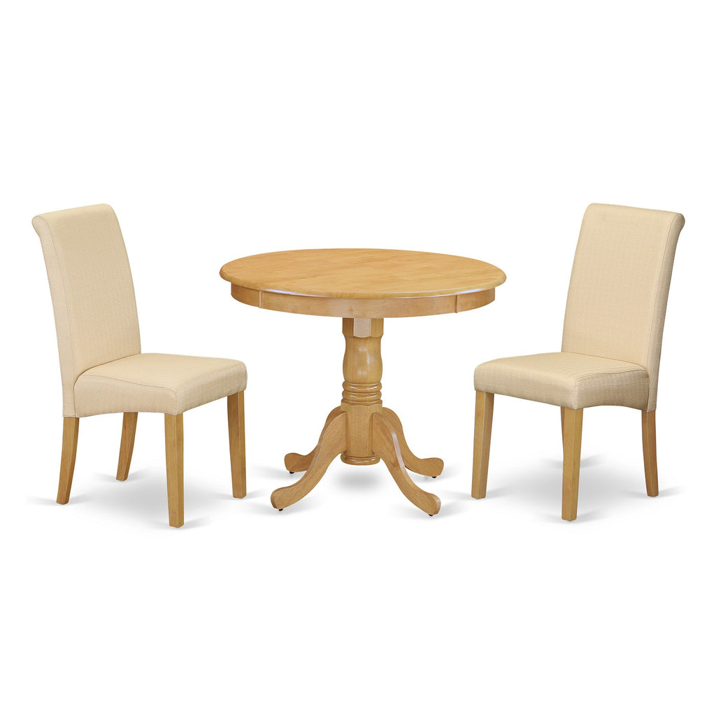 East West Furniture ANBA3-OAK-02 3 Piece Kitchen Table & Chairs Set Contains a Round Dining Room Table with Pedestal and 2 Light Beige Linen Fabric Parson Chairs, 36x36 Inch, Oak