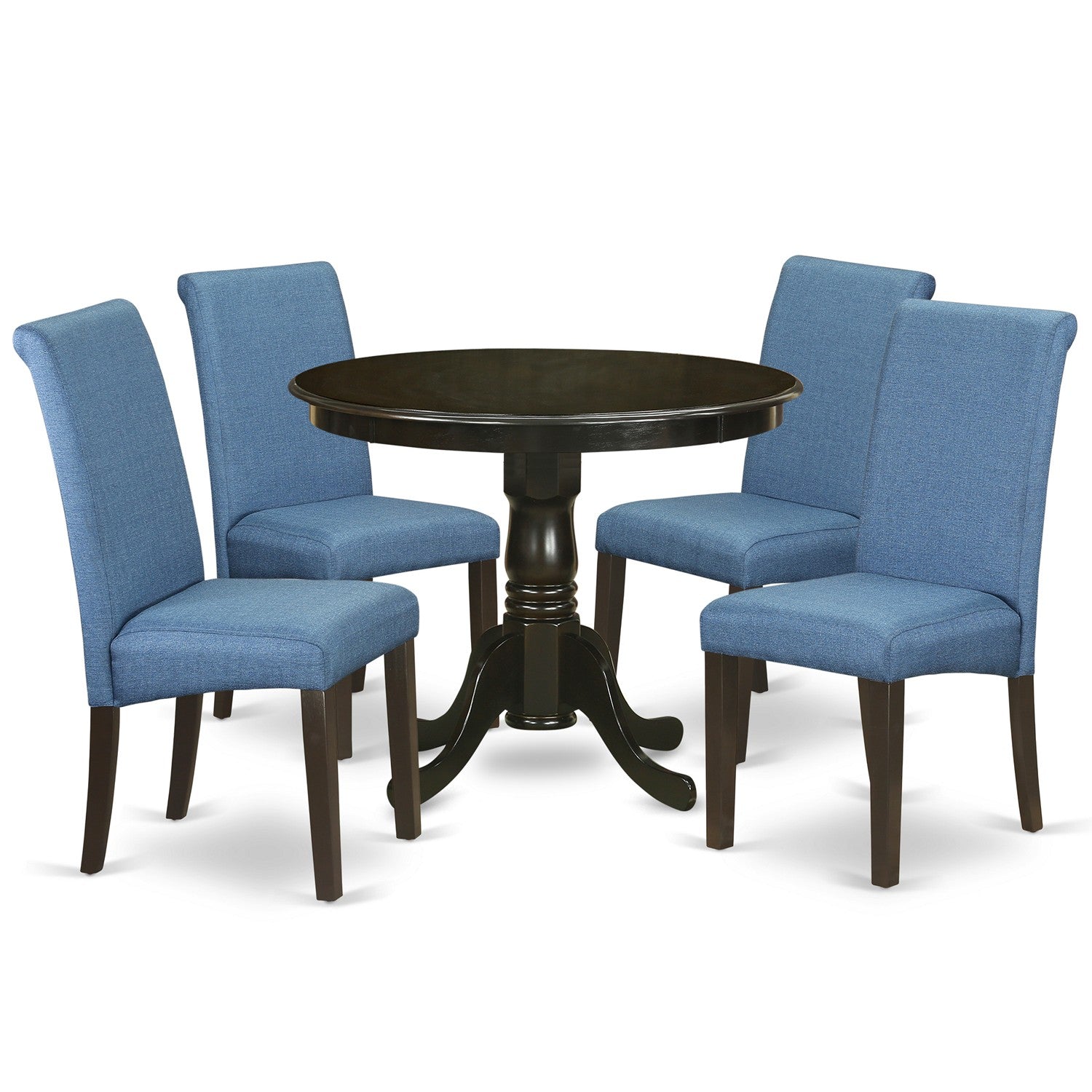 Juego de mesa de comedor East West Furniture ANBA5-CAP-21 de 5 piezas para 4 personas. Incluye una mesa de cocina redonda con pedestal y 4 sillas de comedor Parson de tela de lino azul.