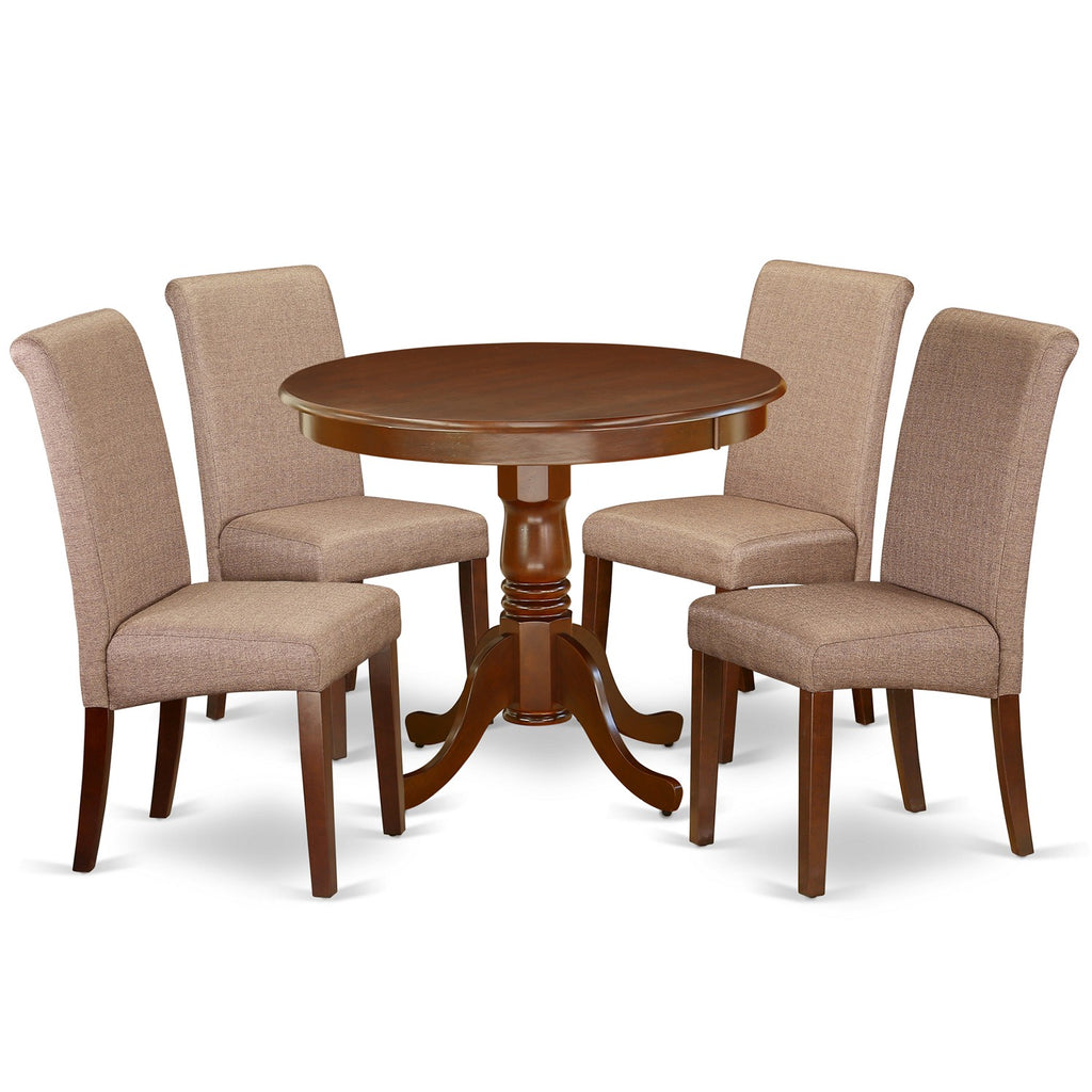 East West Furniture ANBA5-MAH-18 5 Piece Dining Table Set for 4 Includes a Round Kitchen Table with Pedestal and 4 Brown Linen Linen Fabric Parson Dining Chairs