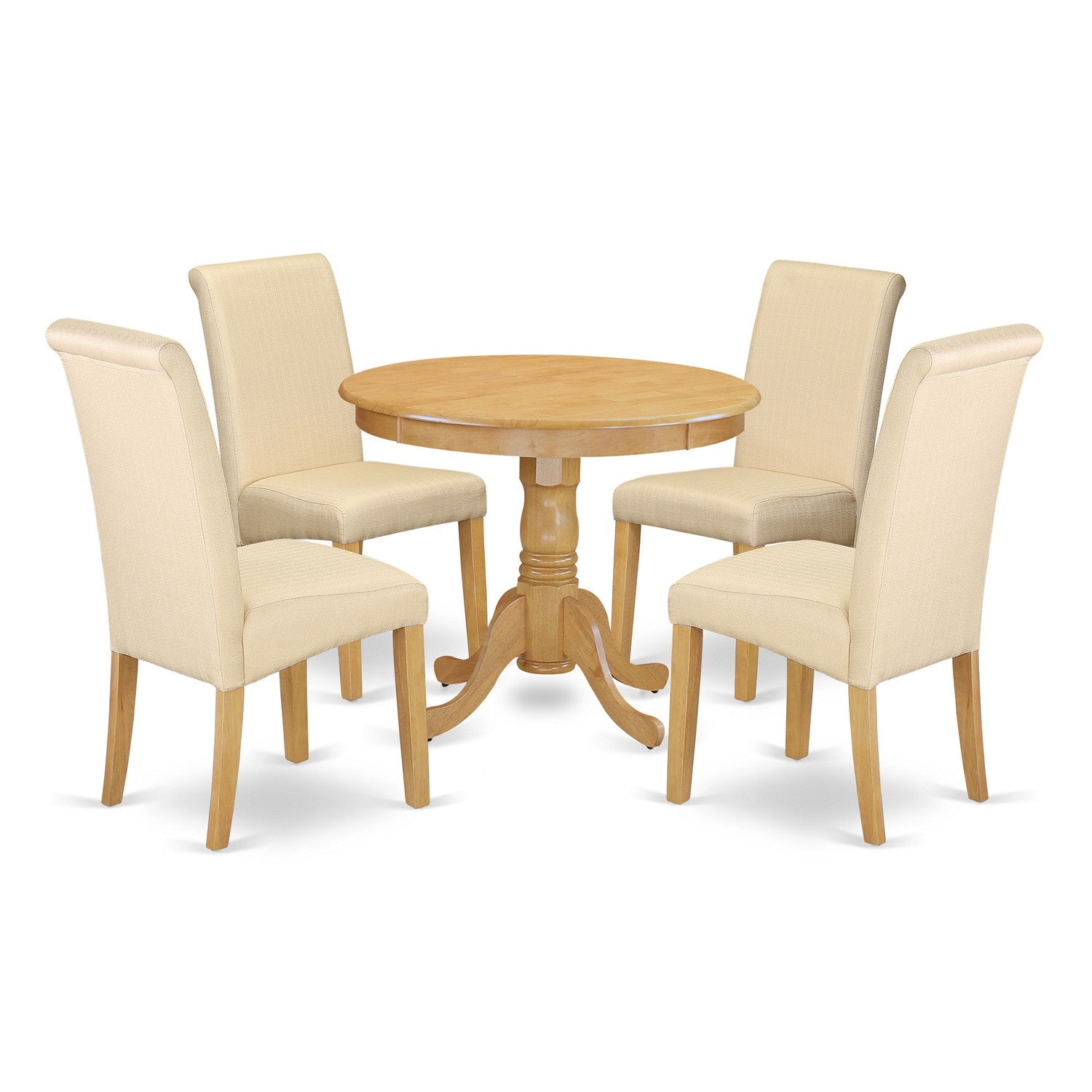 Juego de mesa de comedor de 5 piezas East West Furniture ANBA5-OAK-02 para 4 personas. Incluye una mesa de cocina redonda con pedestal y 4 sillas de comedor Parson de tela de lino beige claro.