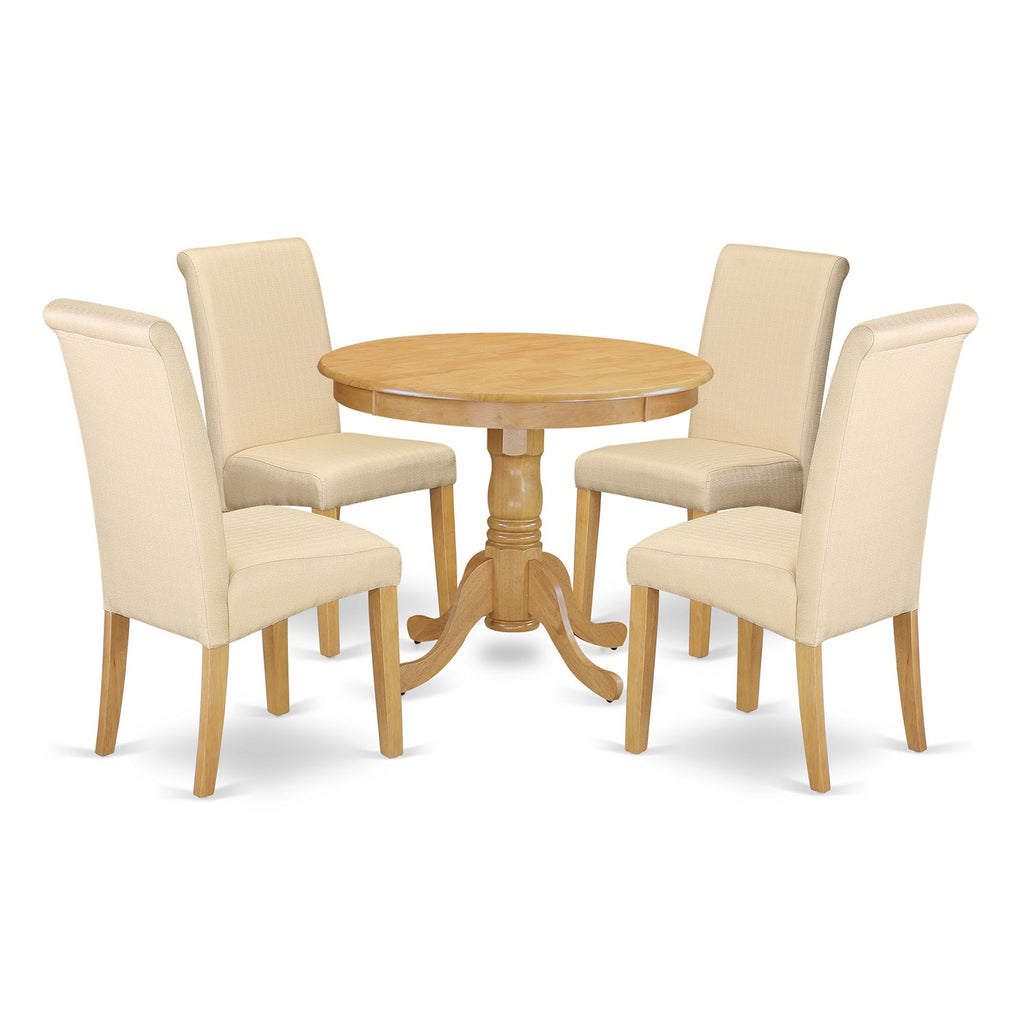 East West Furniture ANBA5-OAK-02 5 Piece Dining Table Set for 4 Includes a Round Kitchen Table with Pedestal and 4 Light Beige Linen Fabric Parson Dining Chairs, 36x36 Inch, Oak