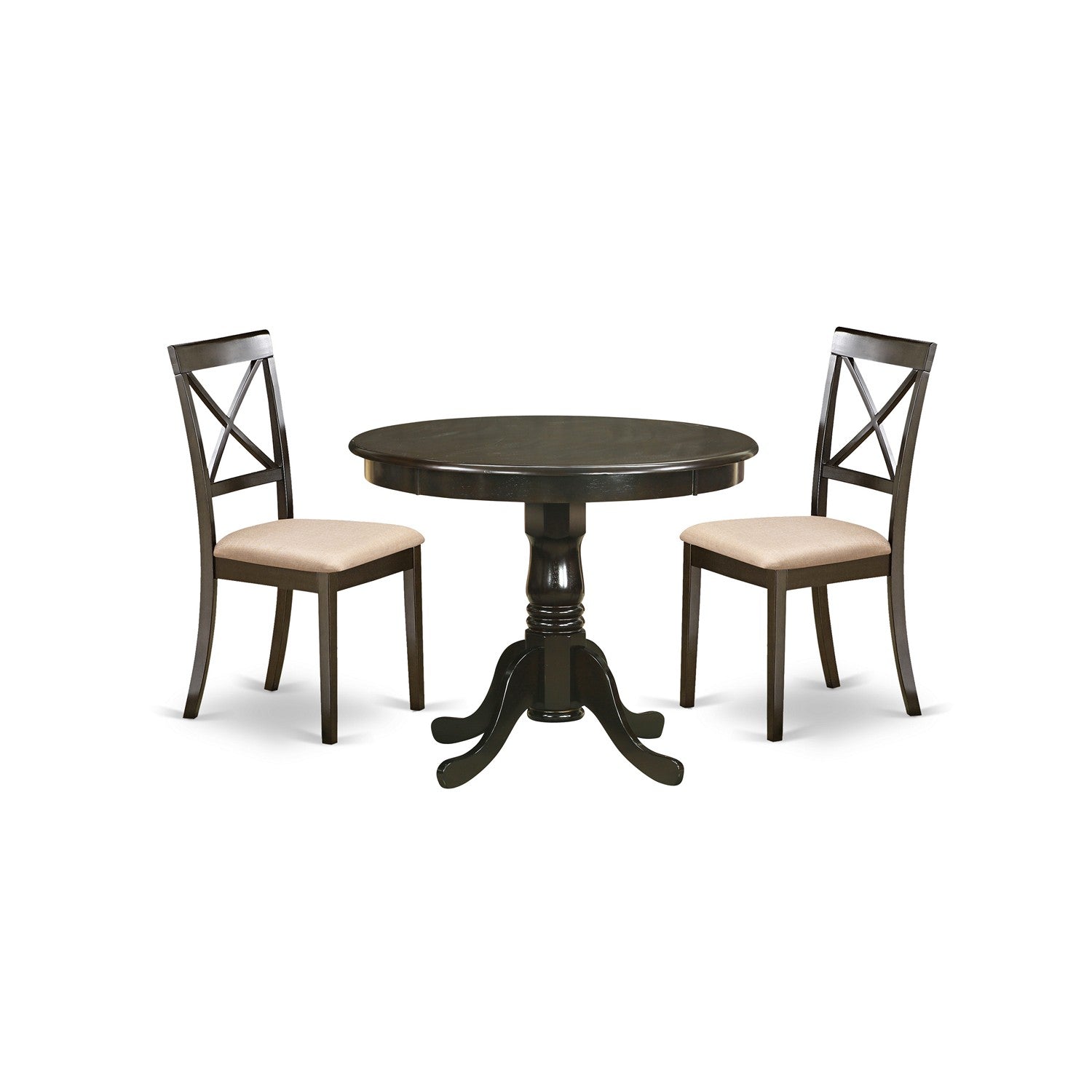 Juego de mesa de cocina de 3 piezas East West Furniture ANBO3-CAP-C para espacios pequeños. Contiene una mesa de comedor redonda con pedestal y 2 sillas de comedor de tela de lino.