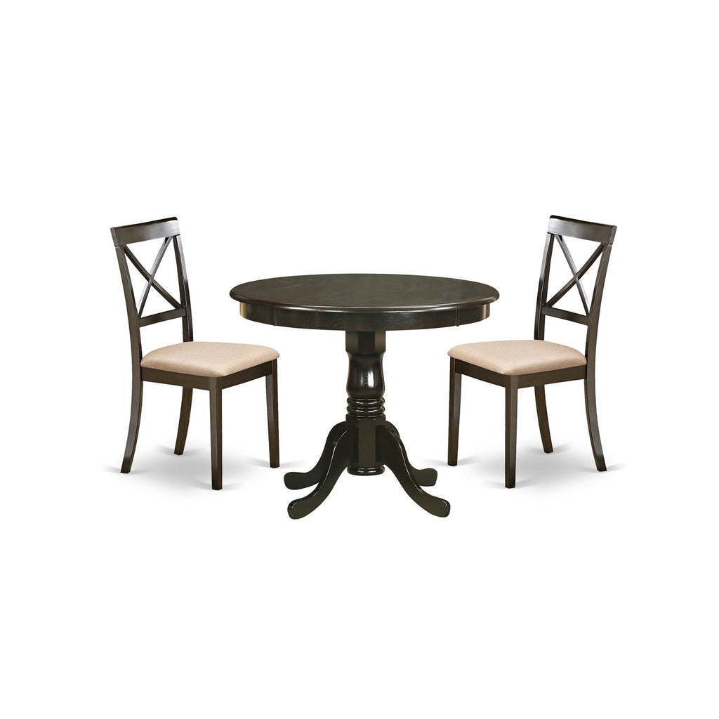 East West Furniture ANBO3-CAP-C 3 Piece Kitchen Table Set for Small Spaces Contains a Round Dining Table with Pedestal and 2 Linen Fabric Dining Room Chairs