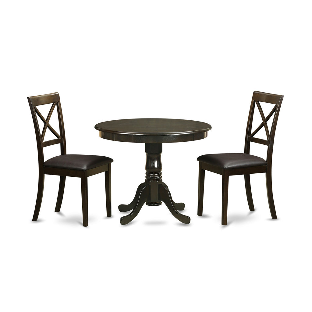 East West Furniture ANBO3-CAP-LC 3 Piece Dining Table Set for Small Spaces Contains a Round Kitchen Table with Pedestal and 2 Faux Leather Dining Room Chairs, 36x36 Inch, Cappuccino